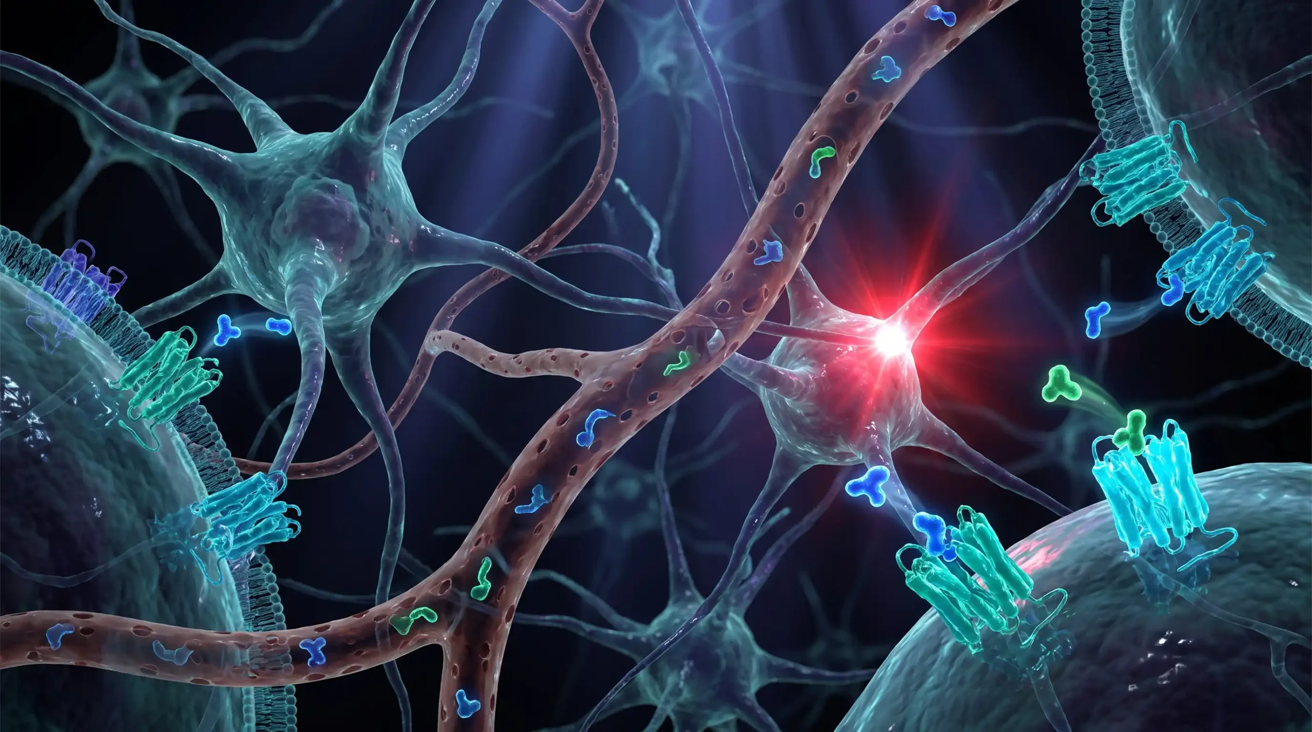 Ilustración molecular de dos péptidos acoplándose a familias de receptores distintas en el tronco cerebral, que representa el mecanismo de la cagrilintida.