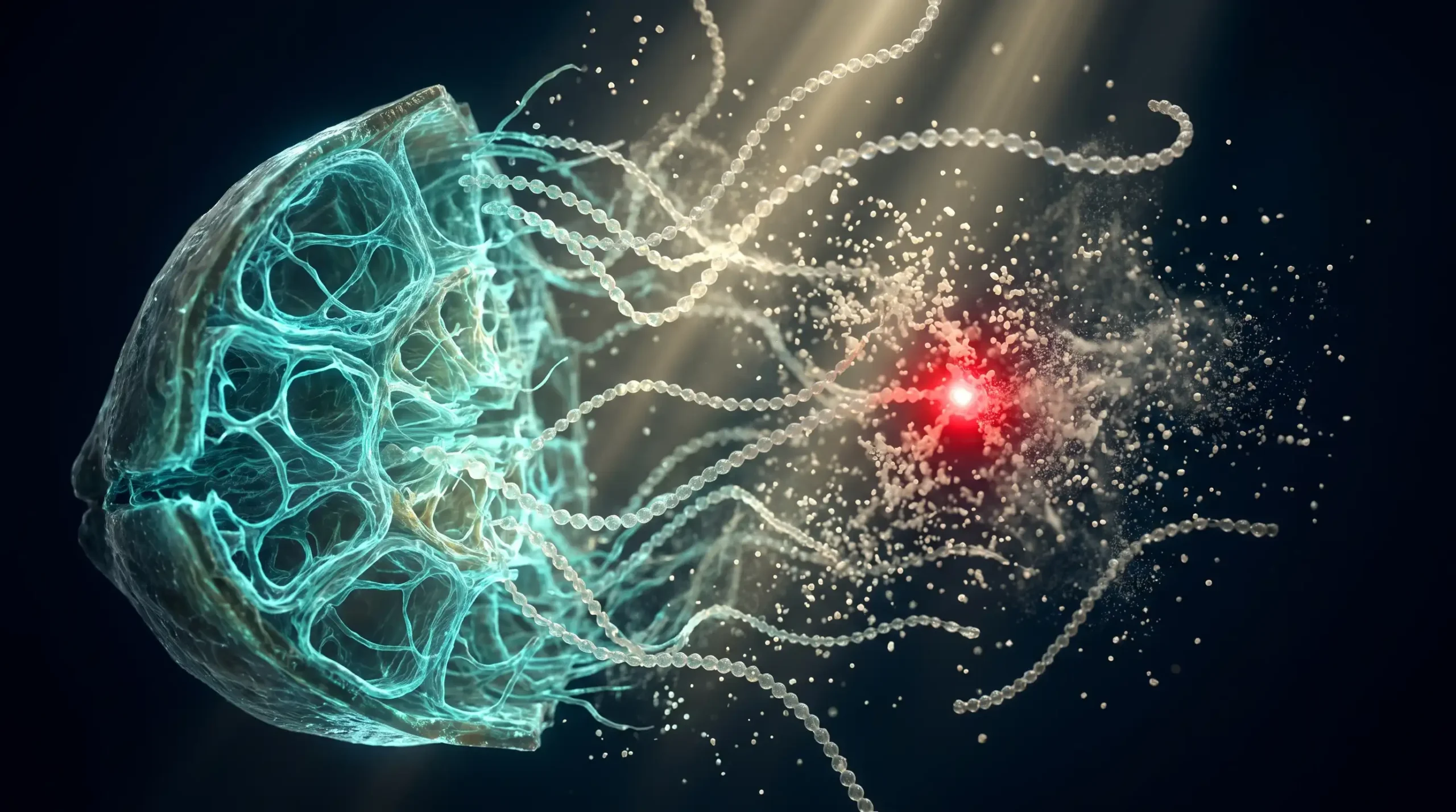 Ilustración molecular de los carbohidratos, con la matriz de fibra del grano entero frente al almidón refinado que se disgrega en unidades de glucosa.