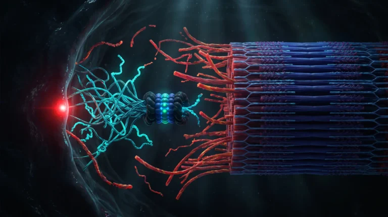 Ilustración molecular del catabolismo muscular, con un proteasoma desmontando un filamento marcado con cadenas de ubiquitina mientras el resto del sarcómero permanece intacto.