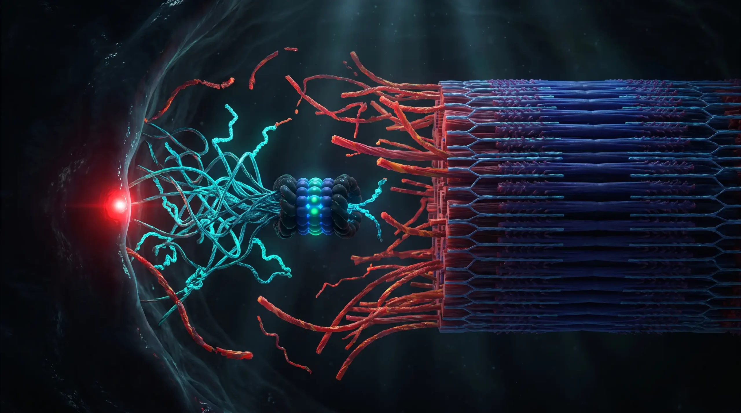 Ilustración molecular del catabolismo muscular, con un proteasoma desmontando un filamento marcado con cadenas de ubiquitina mientras el resto del sarcómero permanece intacto.