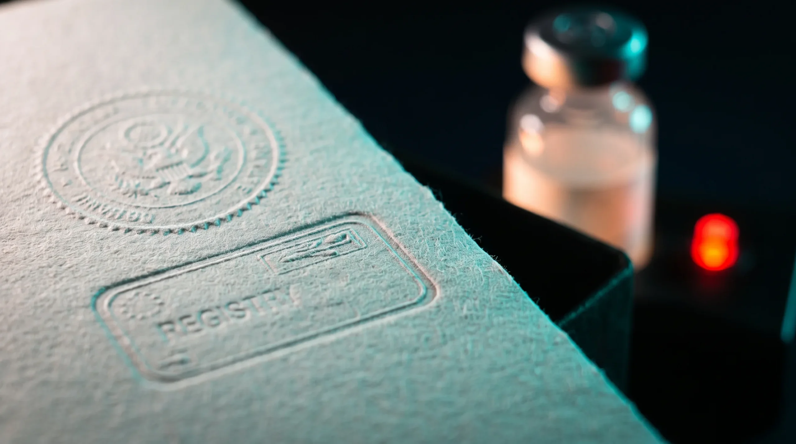 Ilustración de un sello registral junto a un vial de terapia celular que representa la distancia entre la autorización administrativa y la autorización del tratamiento con células madre en México.