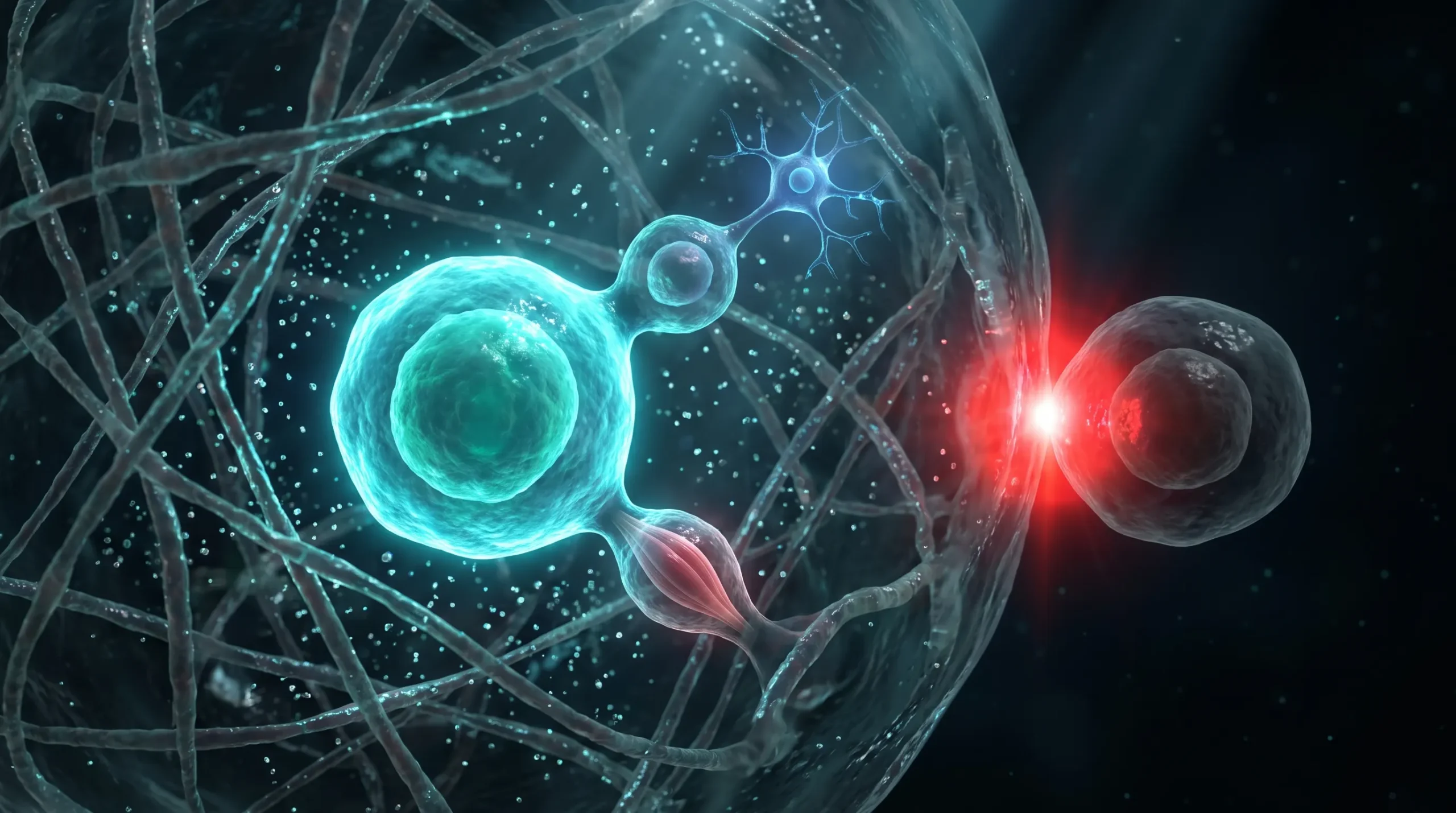 Ilustración molecular de células madre en su nicho, con la matriz extracelular alrededor y células hijas iniciando la diferenciación hacia linajes distintos.