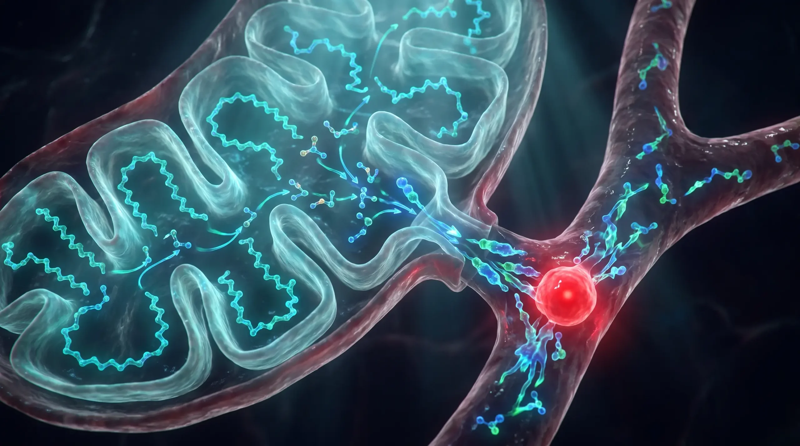 Ilustración molecular de la cetosis, con el hígado oxidando ácidos grasos y liberando cuerpos cetónicos al torrente sanguíneo.