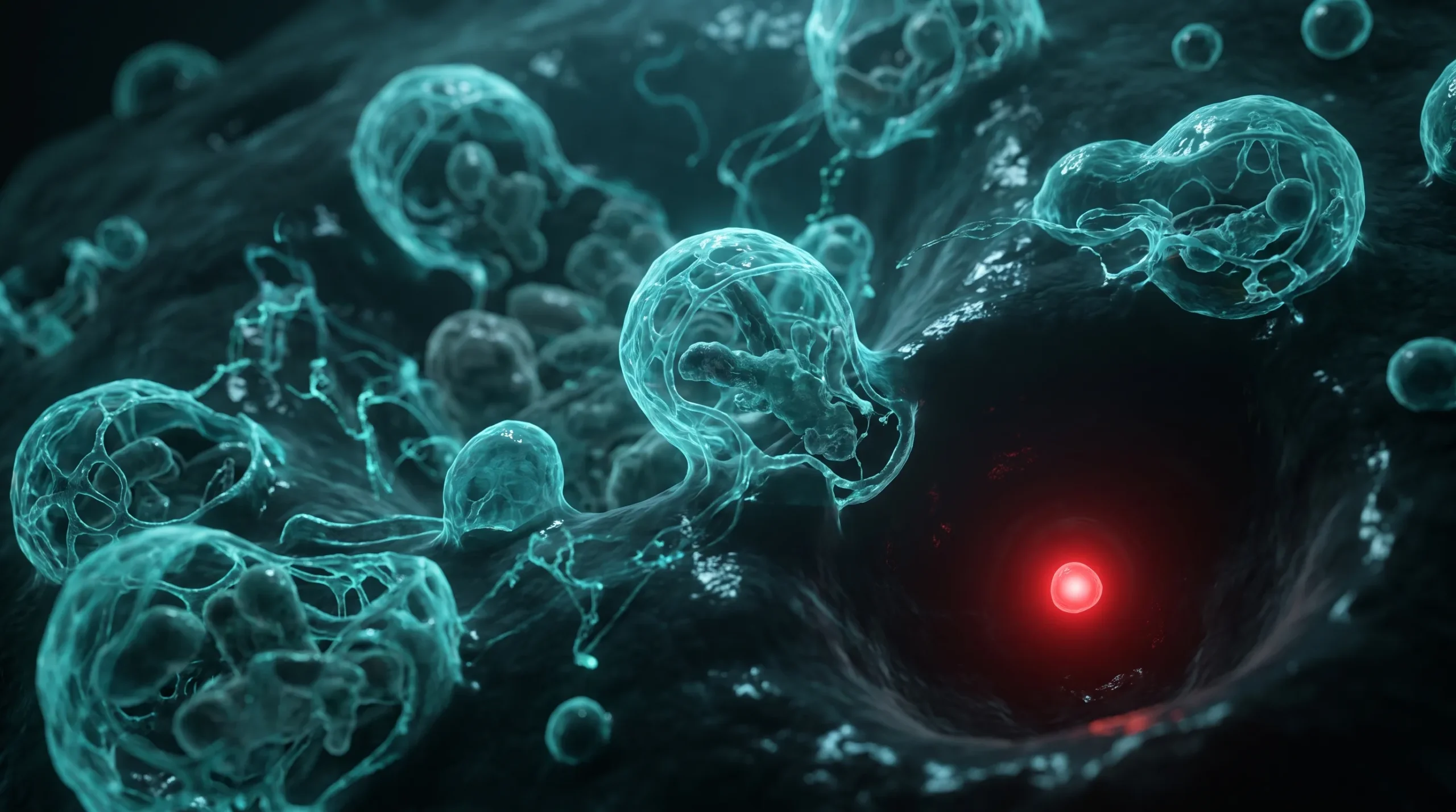 Ilustración molecular sobre el Método Chenot, con autofagia en un hepatocito durante la restricción calórica del programa.