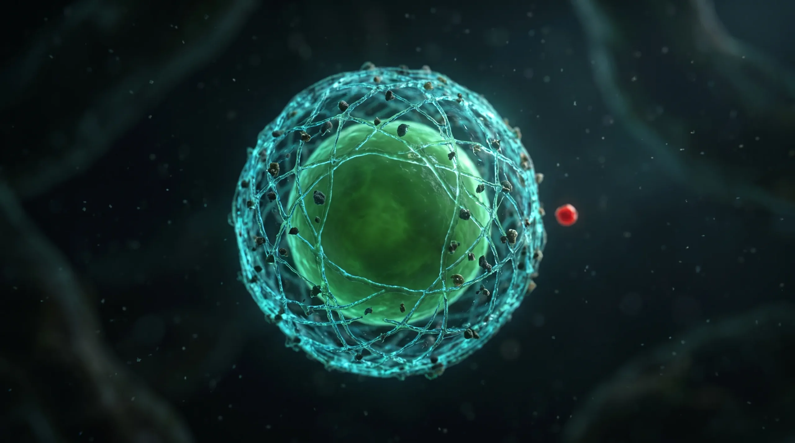 Ilustración celular de la chlorella, con su pared fibrosa reteniendo partículas en la superficie externa mientras el interior de la célula permanece sellado.