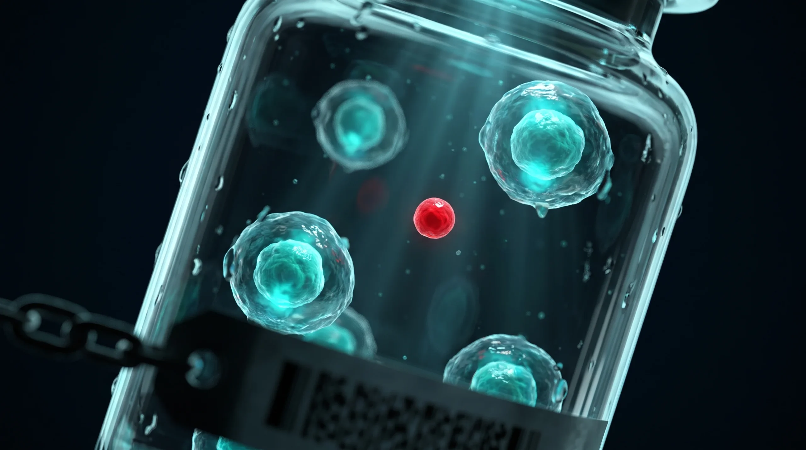 Ilustración molecular sobre clínicas de células madre en México, con una suspensión celular y su etiqueta de trazabilidad.