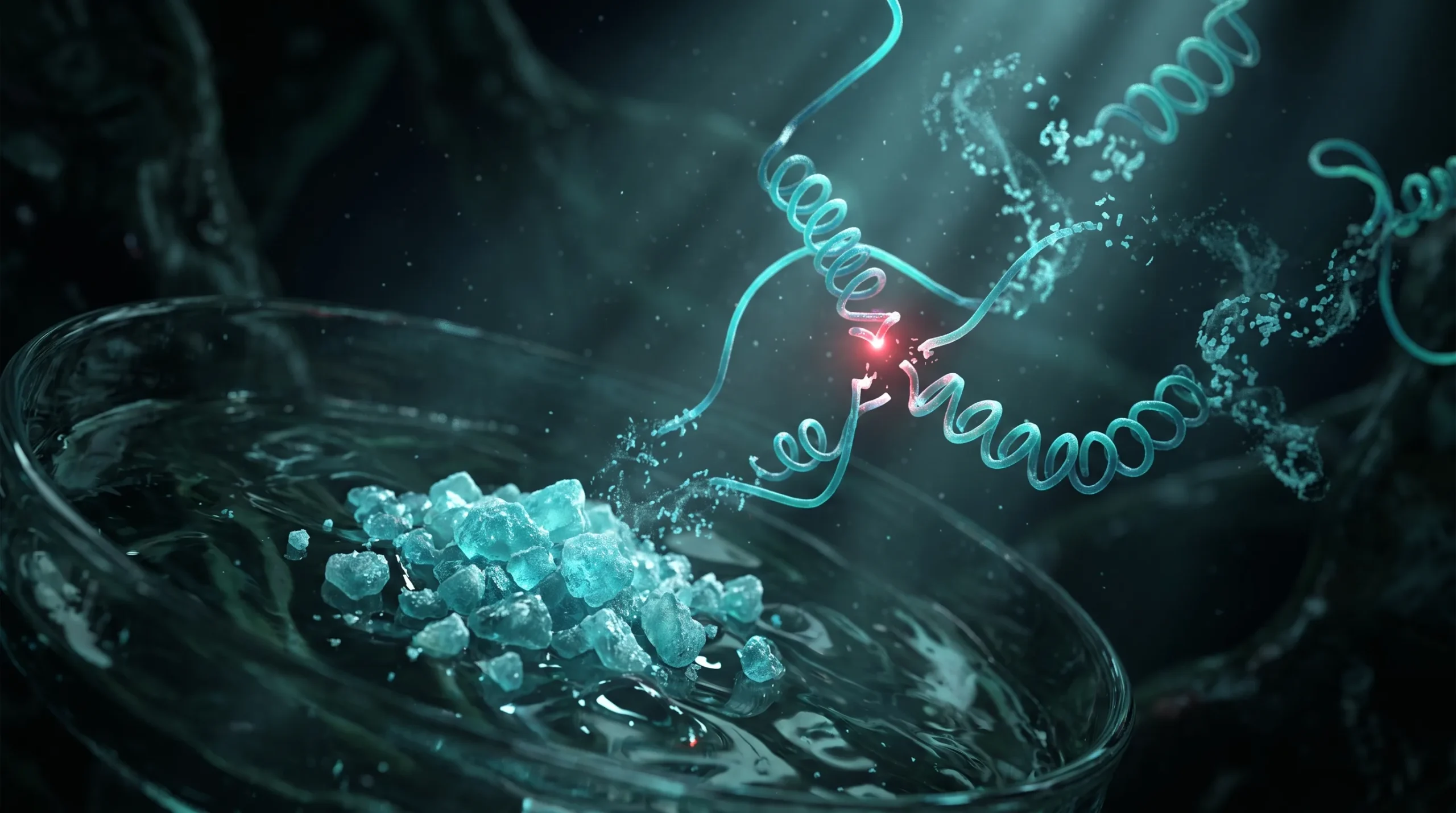 Ilustración molecular sobre Clinique La Prairie y su CLP Extract, con cadenas proteicas fragmentándose al disolverse.
