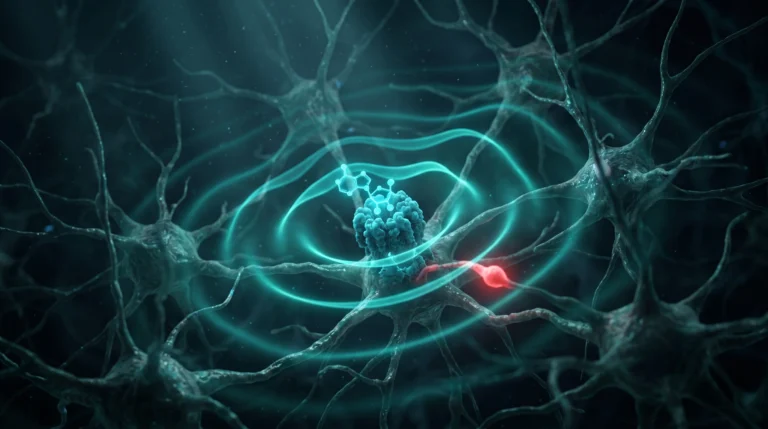 Ilustración molecular de la cordicepina acoplándose a la ATPasa RUVBL2 y amplificando la onda circadiana en neuronas del núcleo paraventricular del hipotálamo.