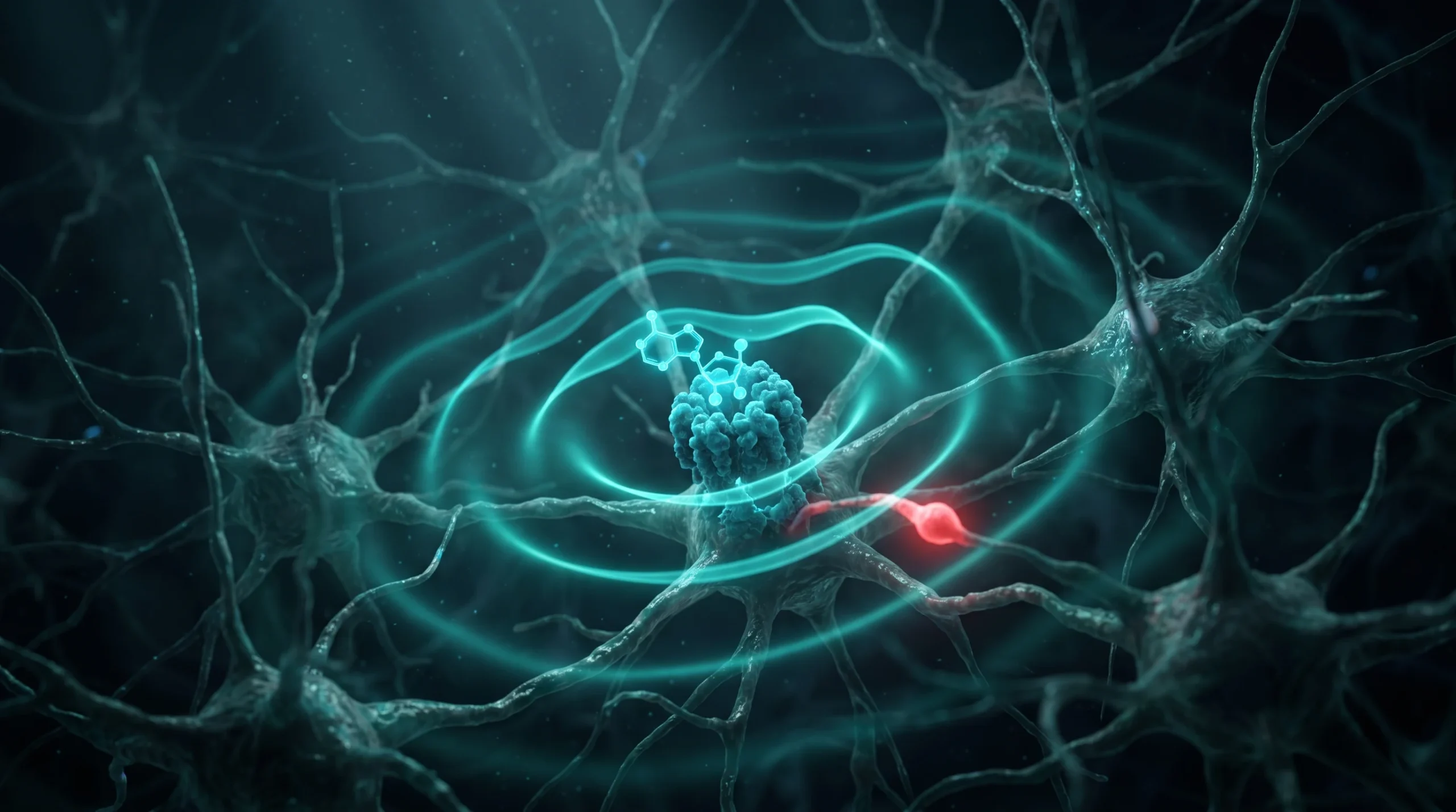 Ilustración molecular de la cordicepina acoplándose a la ATPasa RUVBL2 y amplificando la onda circadiana en neuronas del núcleo paraventricular del hipotálamo.