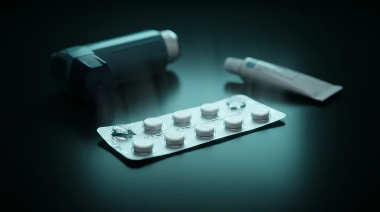 Ilustración de un blíster de comprimidos de corticoides, con un inhalador y una crema al fondo y un único punto escarlata en un alveolo vacío.