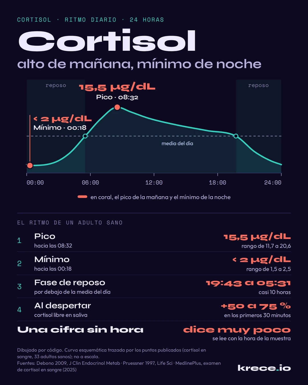 Cortisol en 24 horas: curva del ritmo diario con el pico de 15,5 µg/dL hacia las 08:32, el m&iacute;nimo por debajo de 2 µg/dL hacia las 00:18 y la fase de reposo de 19:43 a 05:31.