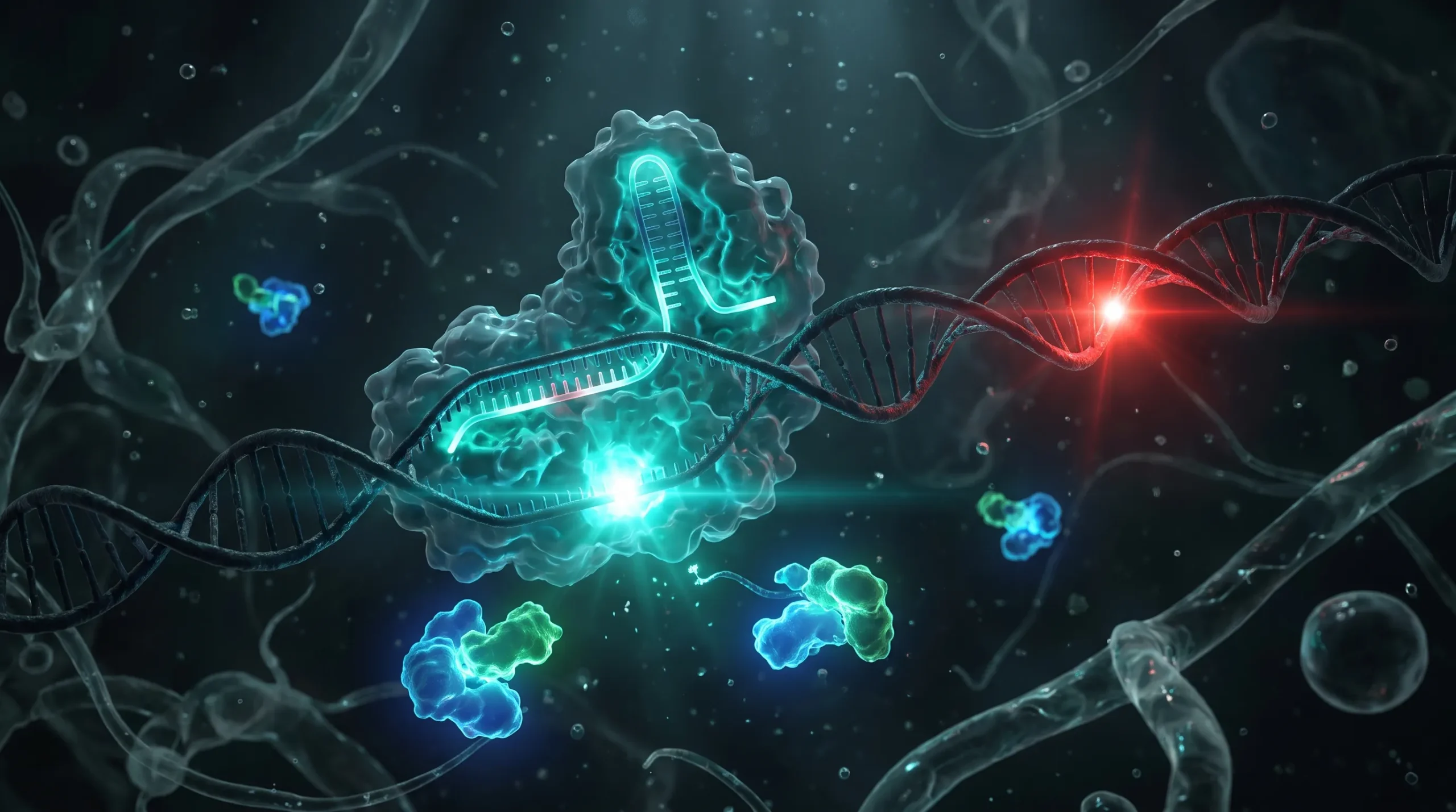Ilustración molecular de CRISPR, con la proteína Cas9 guiada por un ARN que corta las dos hebras del ADN en un punto elegido mientras las enzimas de reparación se acercan.