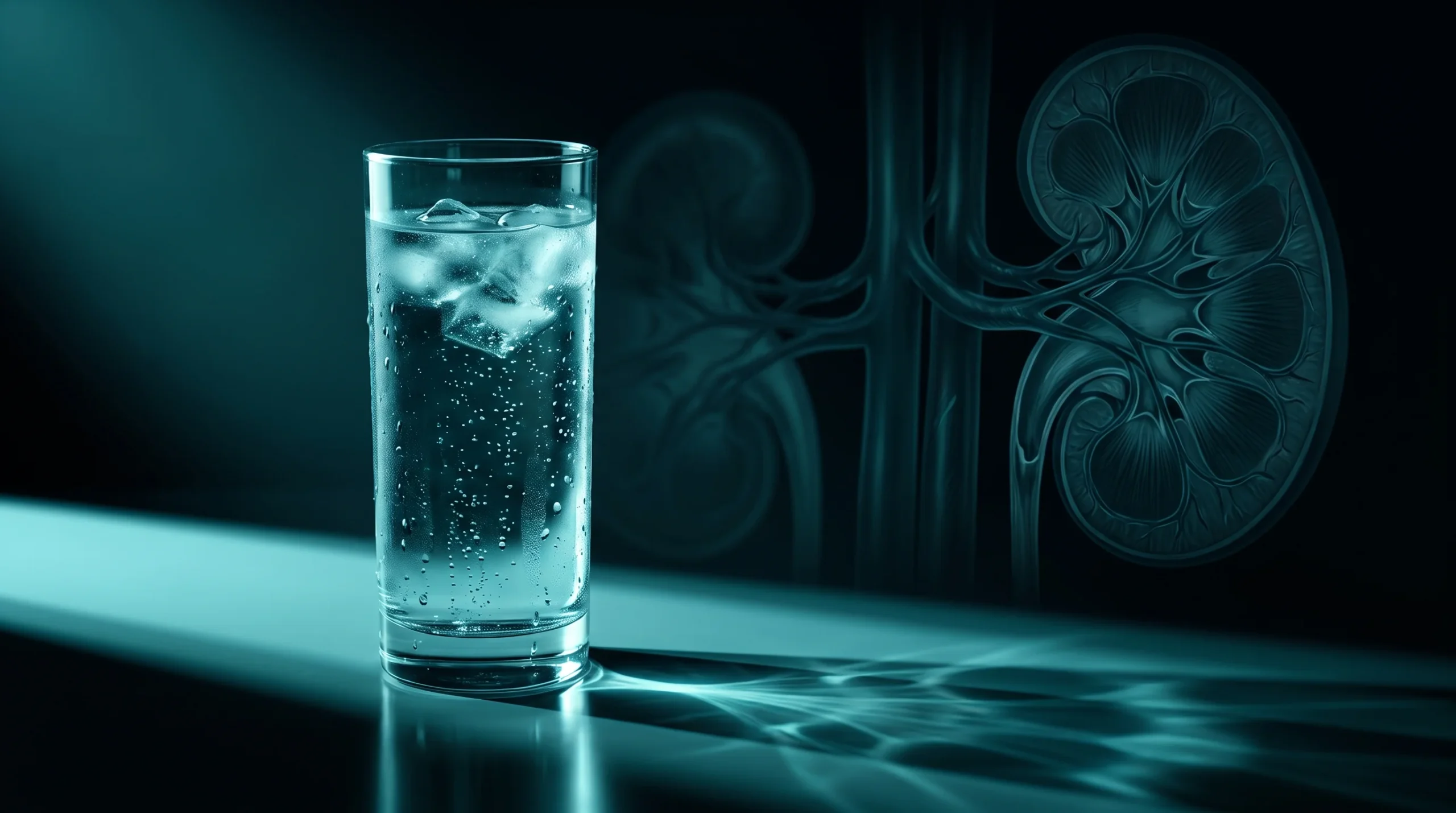 Ilustración de un vaso de agua a contraluz para la pregunta de cuánta agua beber al día.