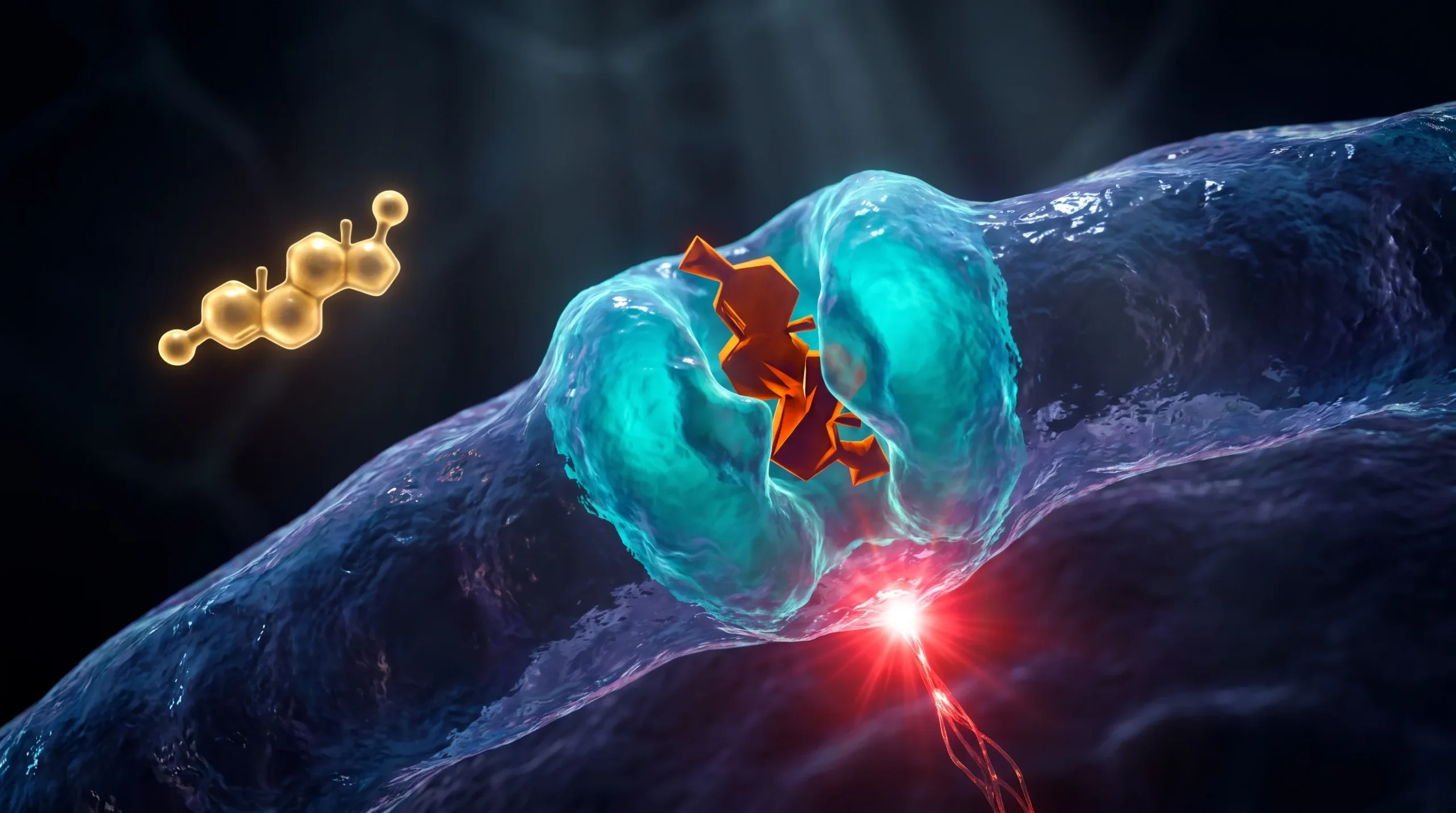Ilustración molecular de los disruptores endocrinos: una molécula sintética encajada en un receptor hormonal de la membrana celular mientras la hormona natural queda fuera.