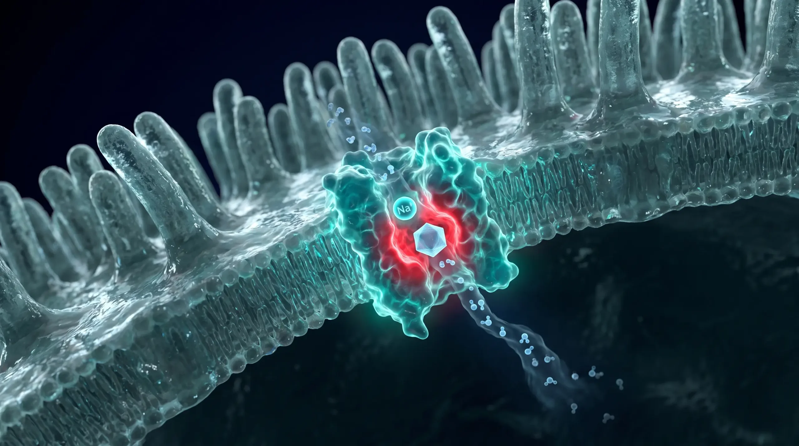 Ilustración molecular del cotransporte de sodio y glucosa en el intestino, el mecanismo en el que se basa el suero de rehidratación oral con electrolitos.