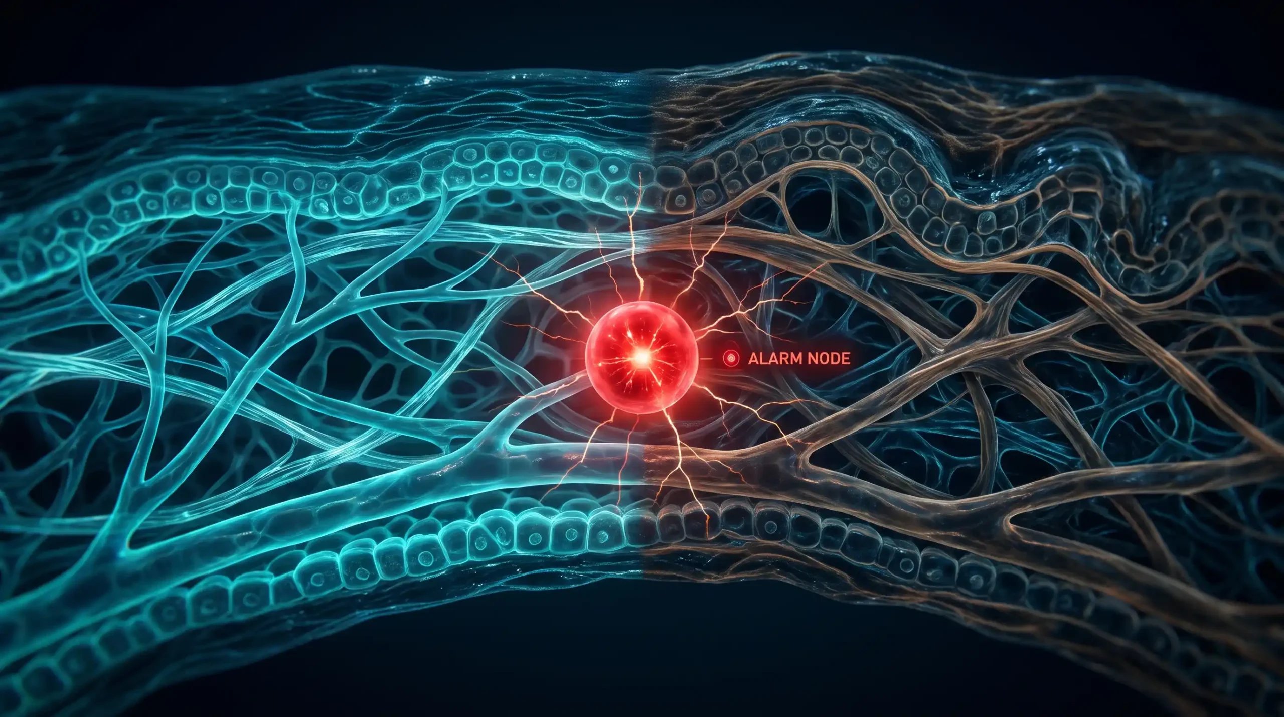 Ilustración del envejecimiento estructural de un tejido humano, con la arquitectura celular joven en cian deformándose en fibras remodeladas junto a un nodo escarlata de alarma.