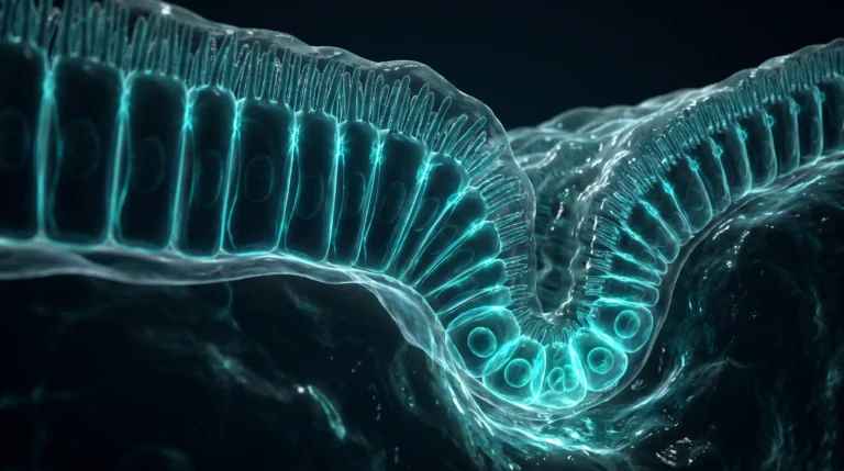 Ilustración molecular del epitelio, con células epiteliales selladas por uniones estrechas sobre su membrana basal y una de ellas atravesándola.
