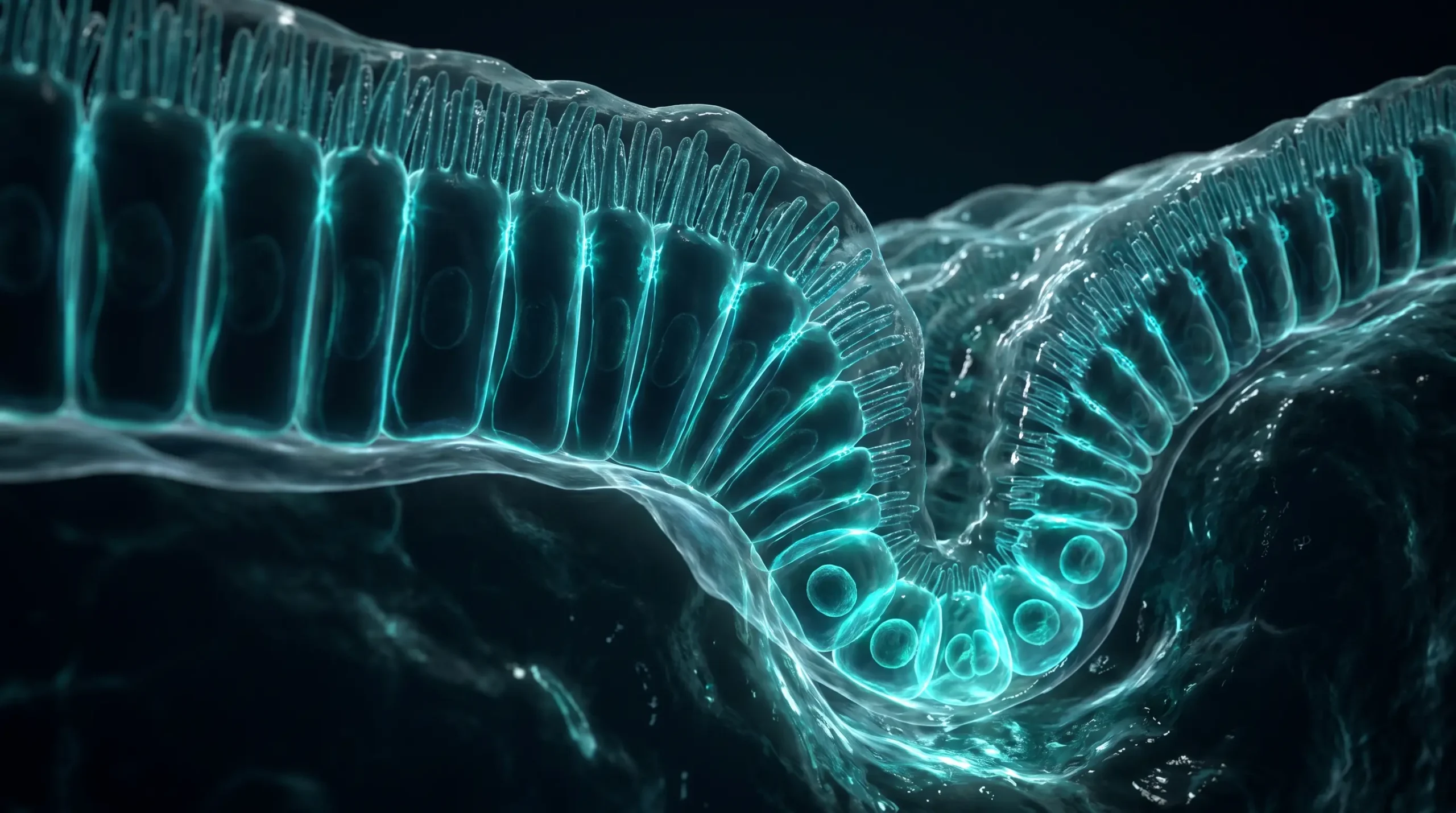 Ilustración molecular del epitelio, con células epiteliales selladas por uniones estrechas sobre su membrana basal y una de ellas atravesándola.