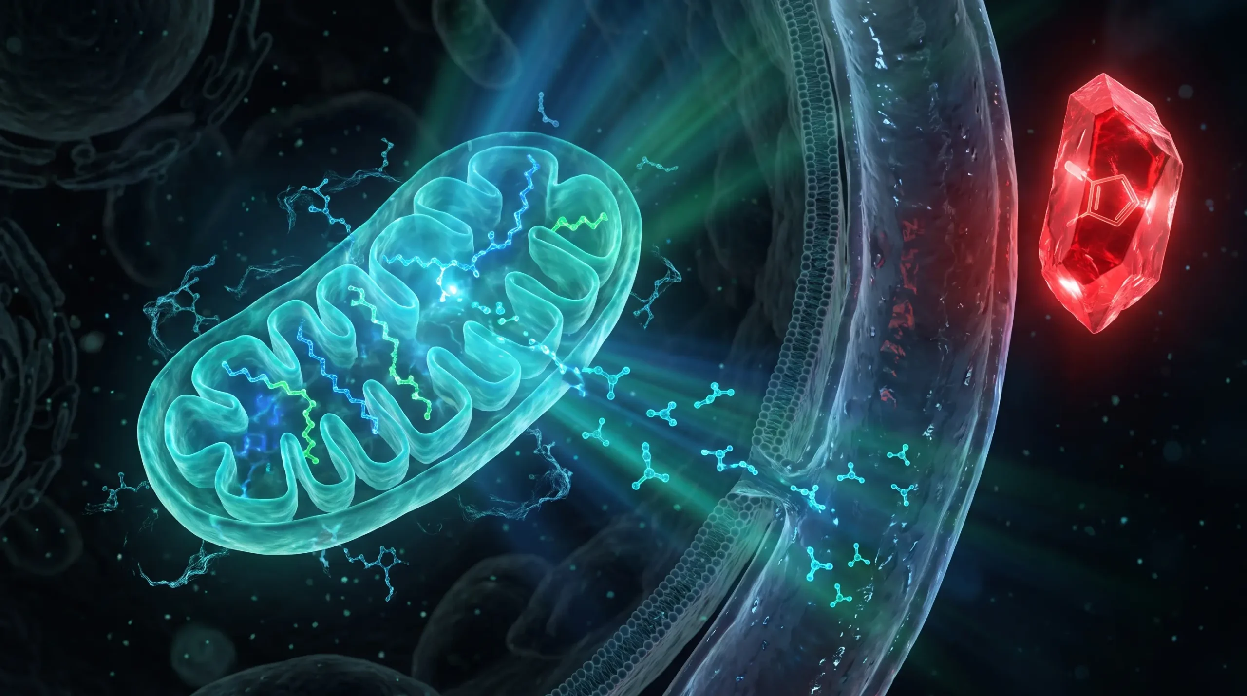 Ilustración molecular de la cetosis hepática con cuerpos cetónicos saliendo de la mitocondria, en la revisión de KRECE sobre Eric Berg.