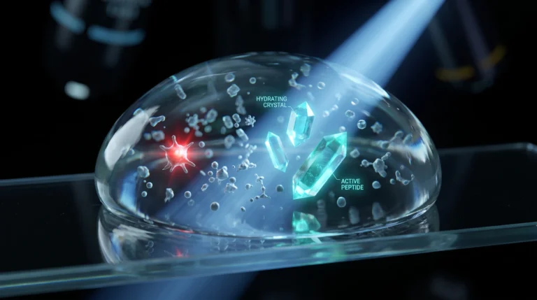 Ilustración molecular de una gota de cosmético en la que unas pocas moléculas declaradas en la etiqueta INCI conviven con decenas de compuestos no declarados que revela el análisis.