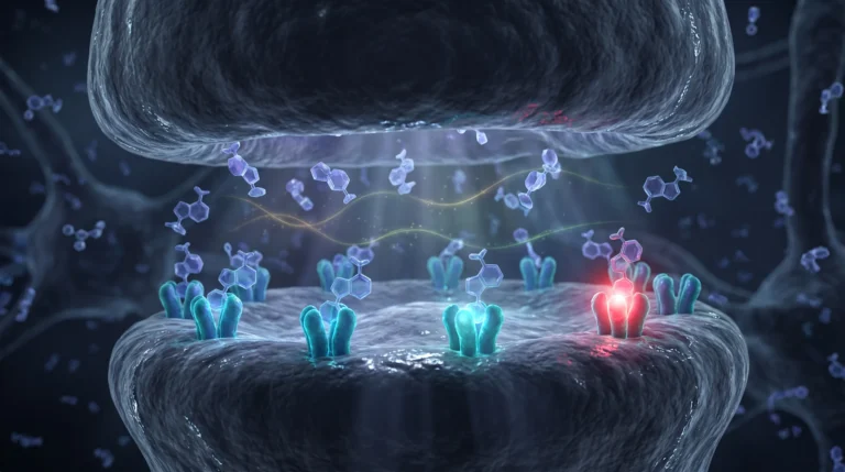 Ilustración molecular de la fatiga cognitiva, con adenosina acumulándose en los receptores de la membrana postsináptica y atenuando la transmisión de la señal.