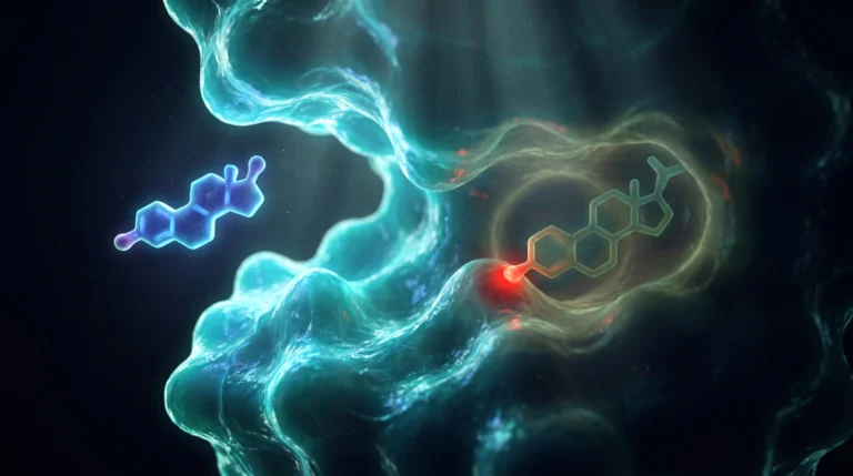 Ilustración molecular de fitoestrógenos de origen vegetal ocupando de forma parcial el receptor de estrógenos junto al estradiol.