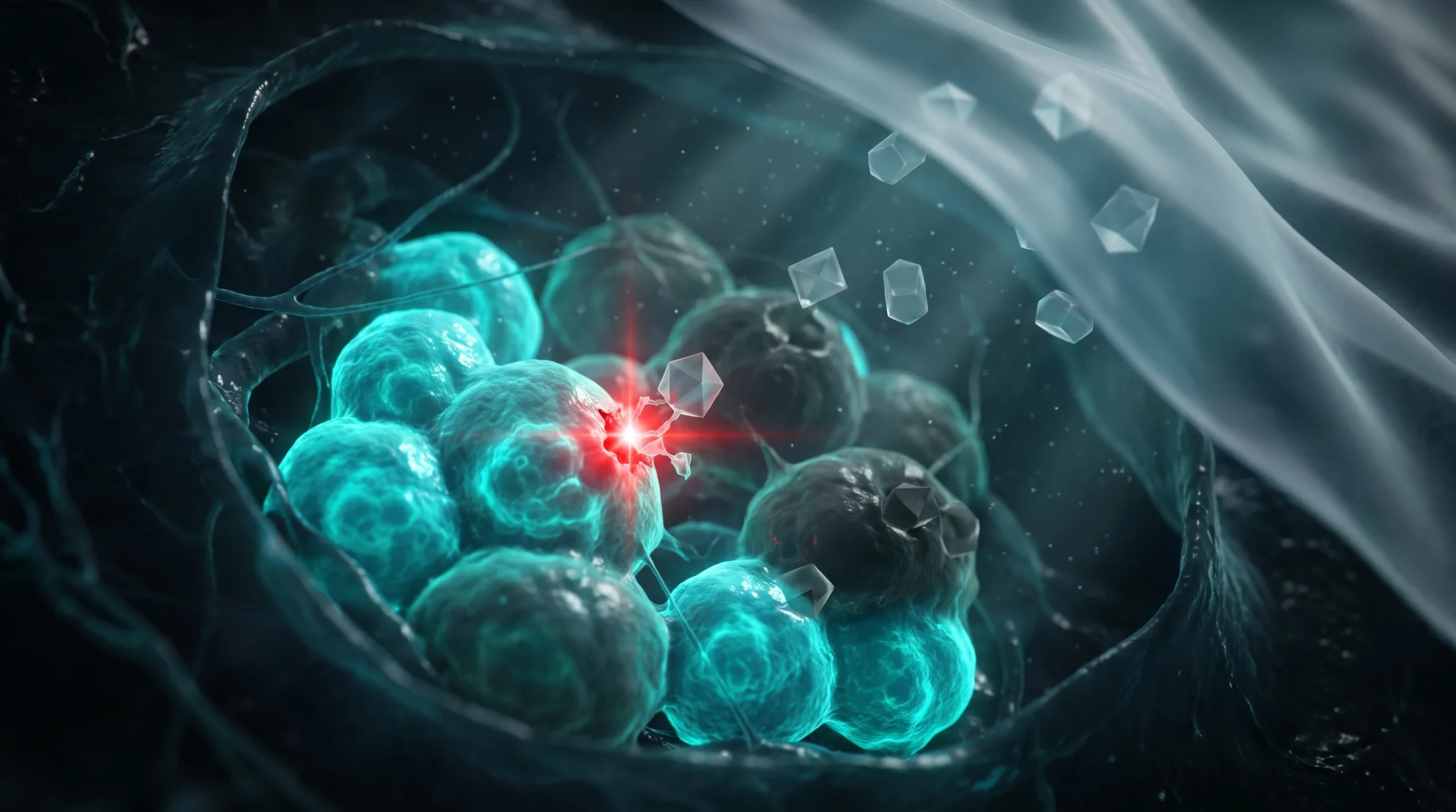 Ilustración celular de los ftalatos: moléculas plastificantes que se posan sobre las células de Leydig del testículo fetal y reducen su producción de testosterona.