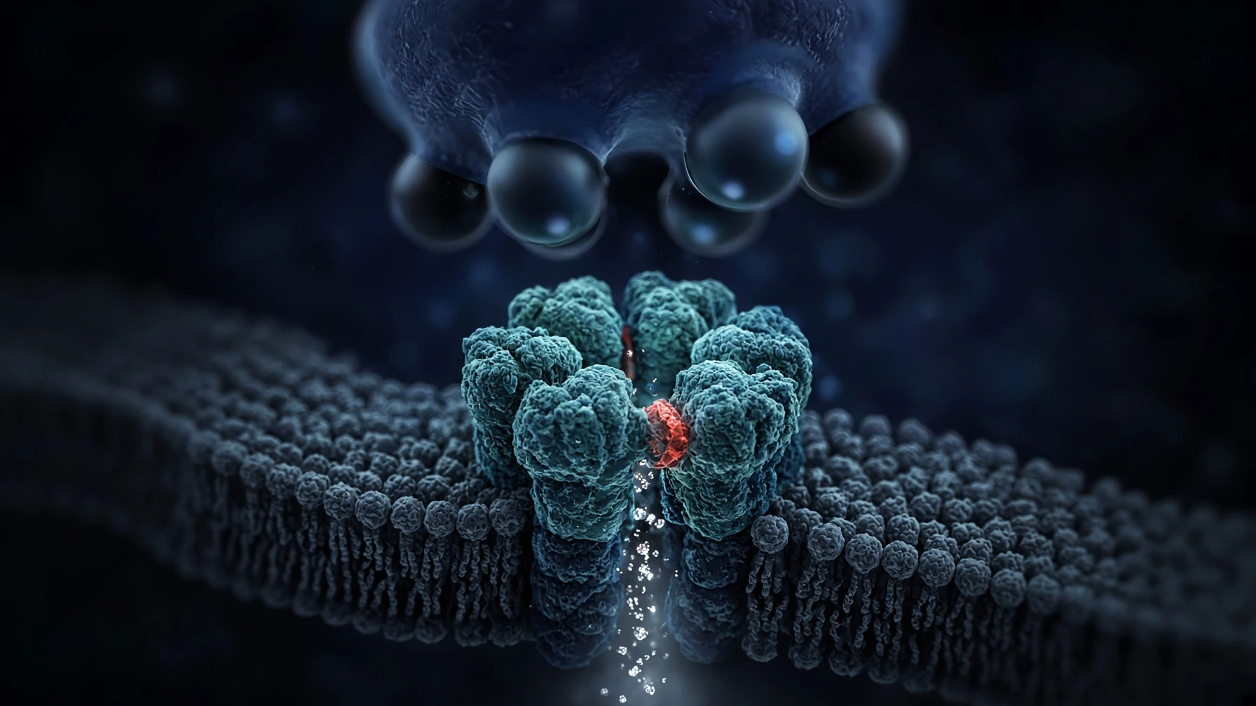 Ilustración de un receptor GABA-A, el canal de cloro de cinco piezas por el que actúa el GABA, en la membrana de una neurona.