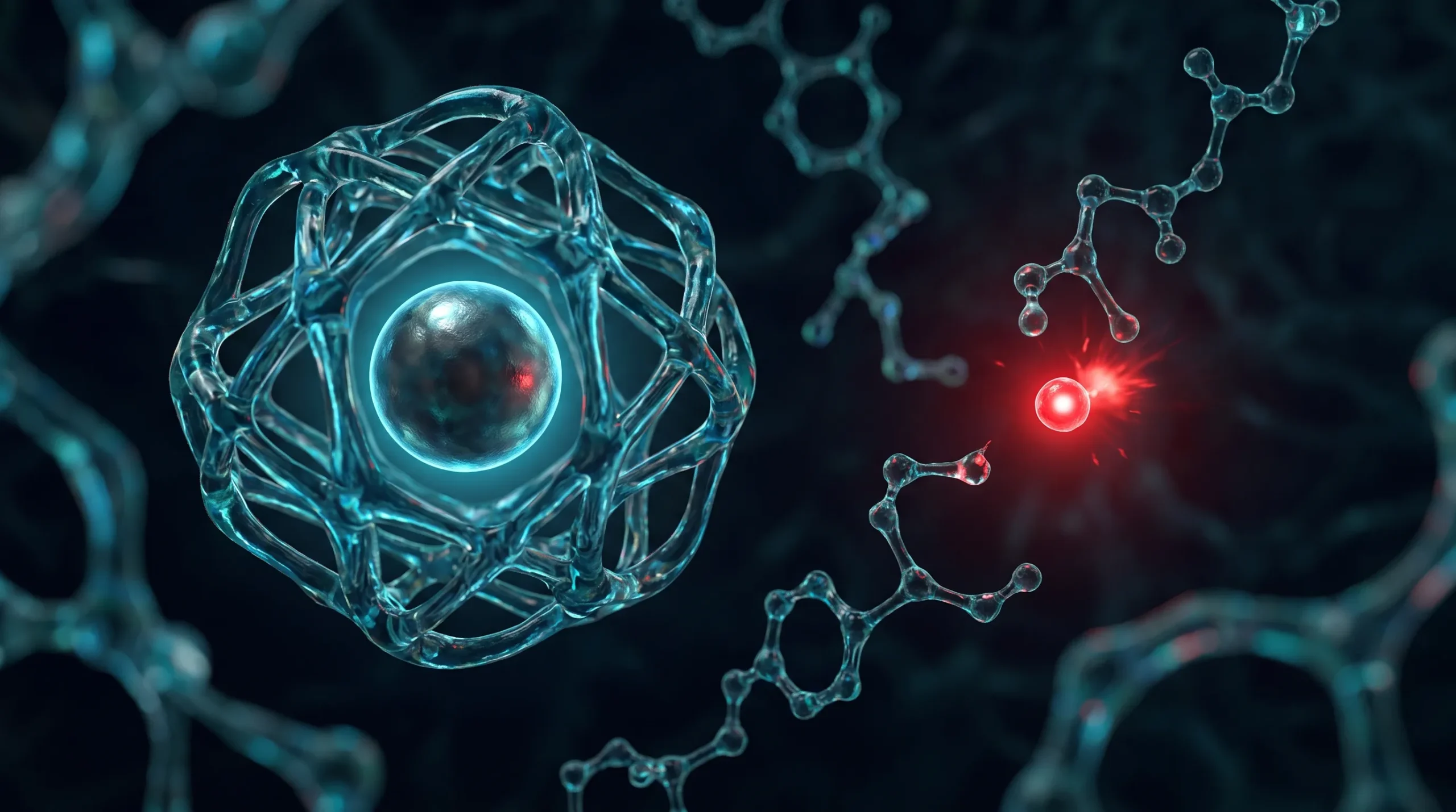 Ilustración molecular del gadolinio atrapado en una jaula quelante macrocíclica, con un agente lineal liberando un ion libre a su lado.