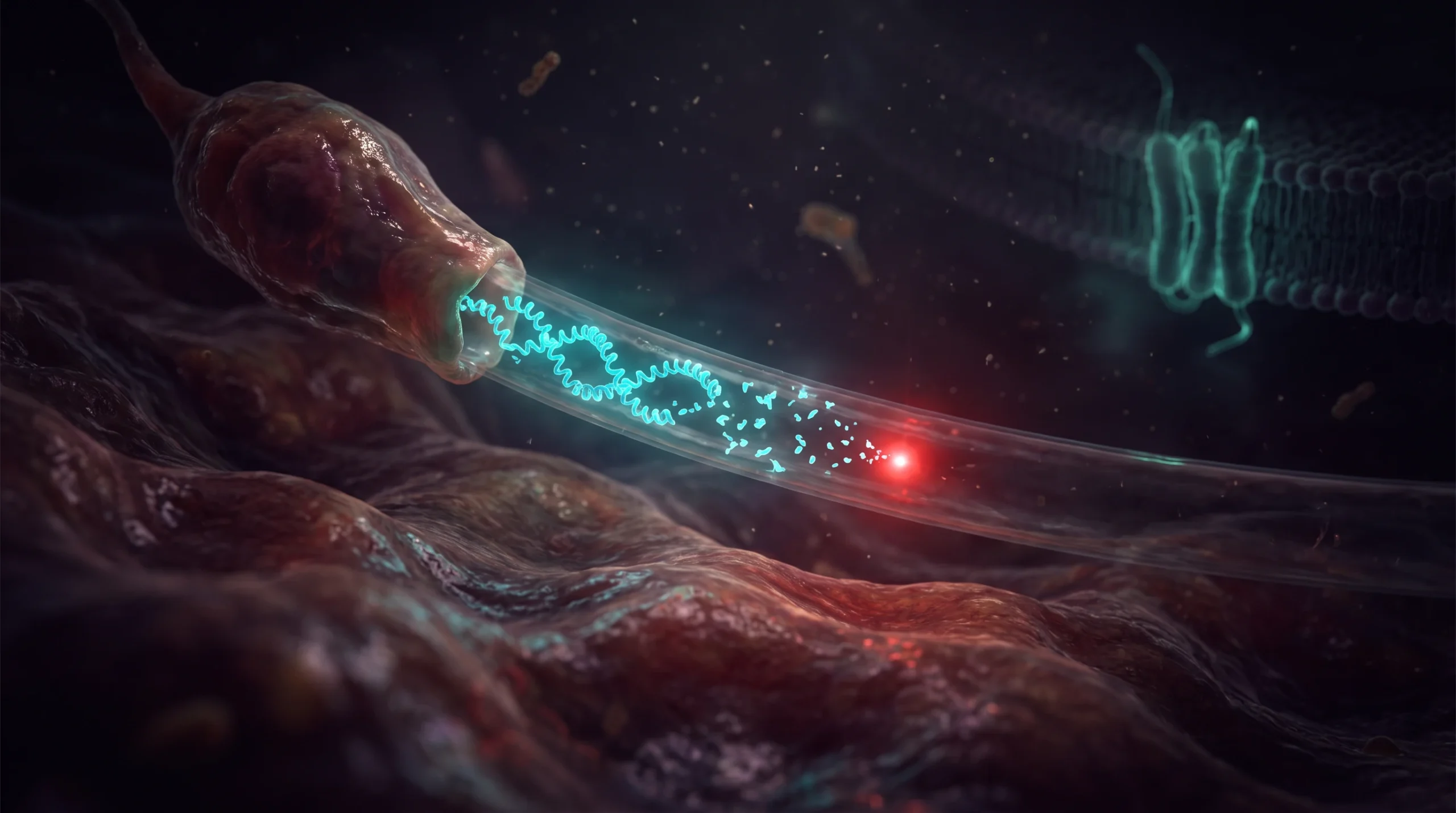 Ilustración molecular del GLP-1 liberado por una célula L intestinal, degradándose en el torrente sanguíneo antes de alcanzar su receptor.