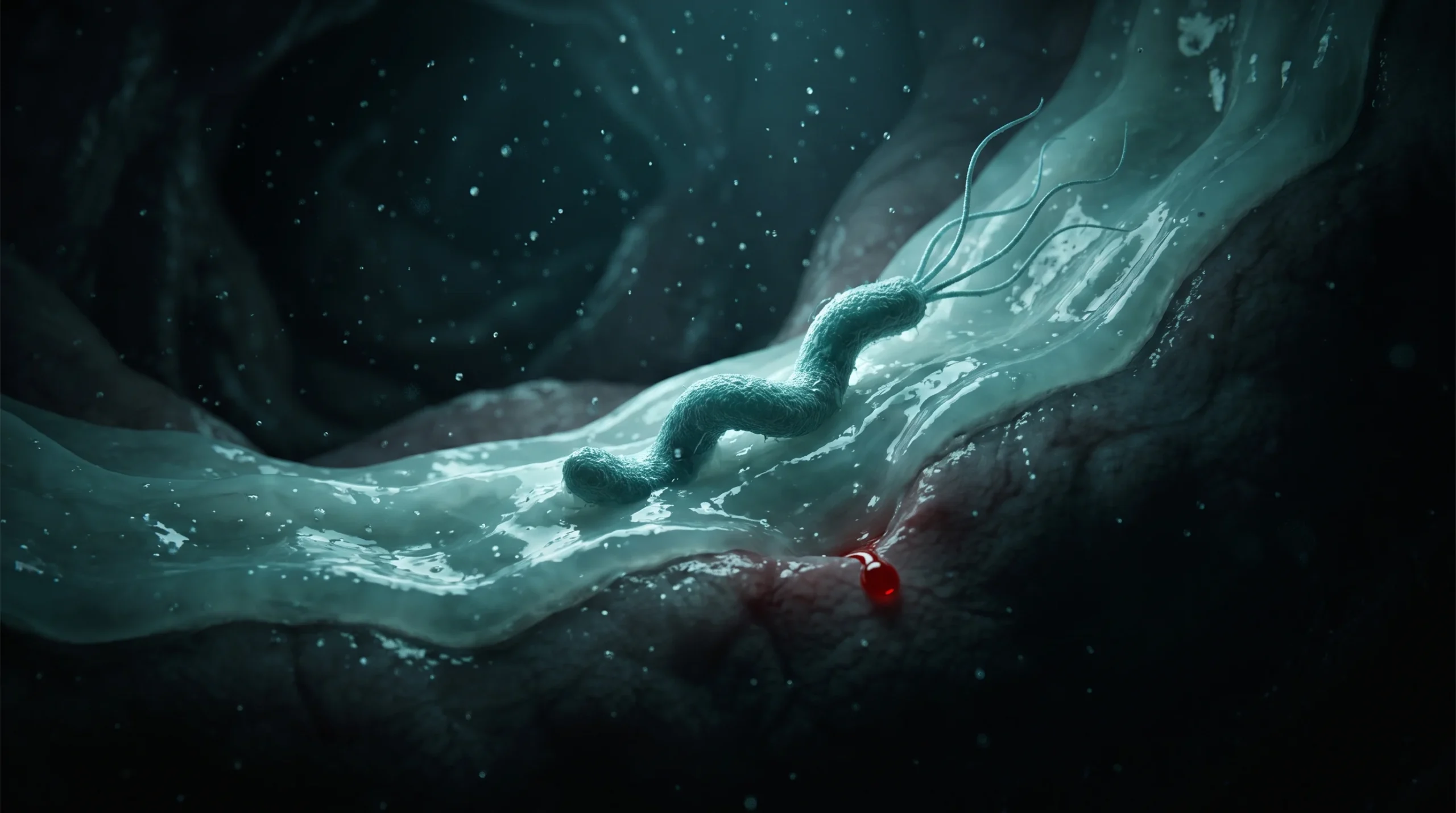 Ilustración de la bacteria Helicobacter pylori en espiral, hundida en la capa de moco que recubre el estómago.