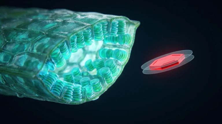 Ilustración microscópica de una hoja de hierba de trigo llena de cloroplastos turquesa, con una molécula plana apilada flotando aparte.