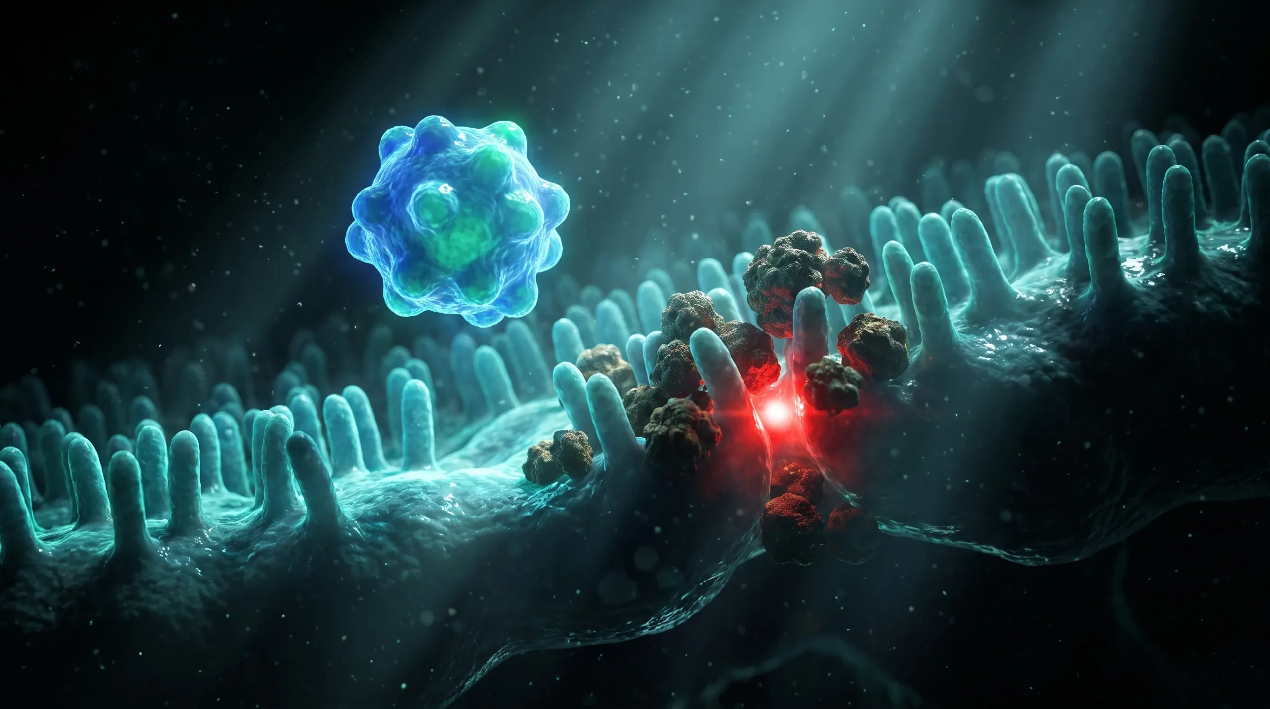 Ilustracion molecular del hipotiroidismo, con minerales bloqueando la absorcion intestinal de la levotiroxina.