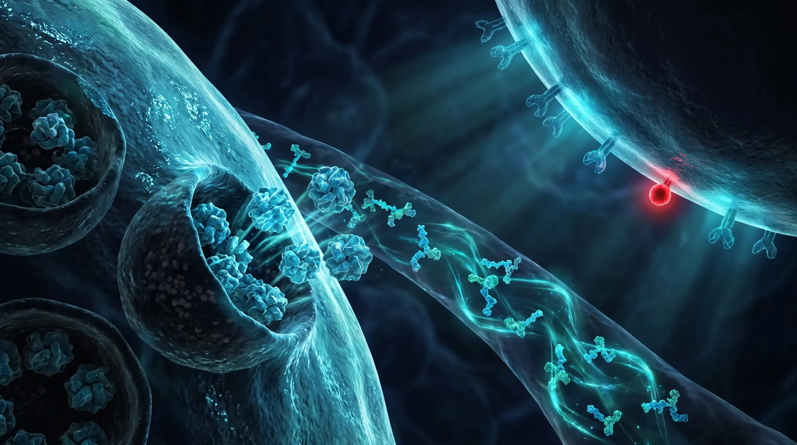 Ilustración molecular de la insulina liberándose de la célula beta pancreática y acoplándose a su receptor en el tejido diana.