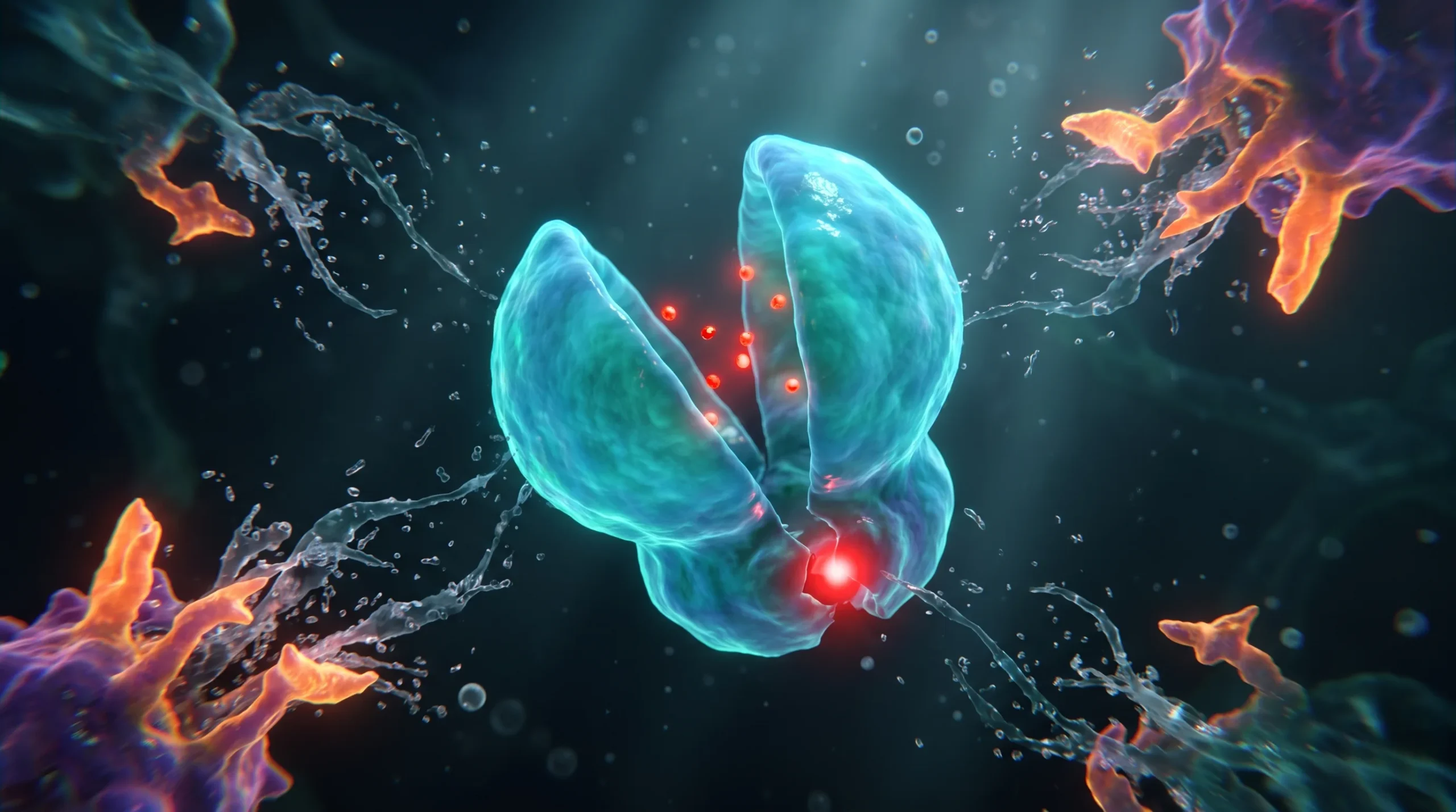 Ilustración molecular de la lactoferrina, cuya dosis se ensaya entre 100 y 250 mg al día, atrapando hierro en su hendidura mientras las enzimas gástricas la degradan.
