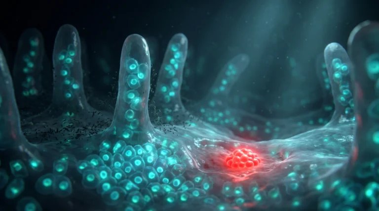Ilustración molecular sobre la cura Mayr de Lanserhof, con la mucosa intestinal en reposo digestivo y su capa microbiana.