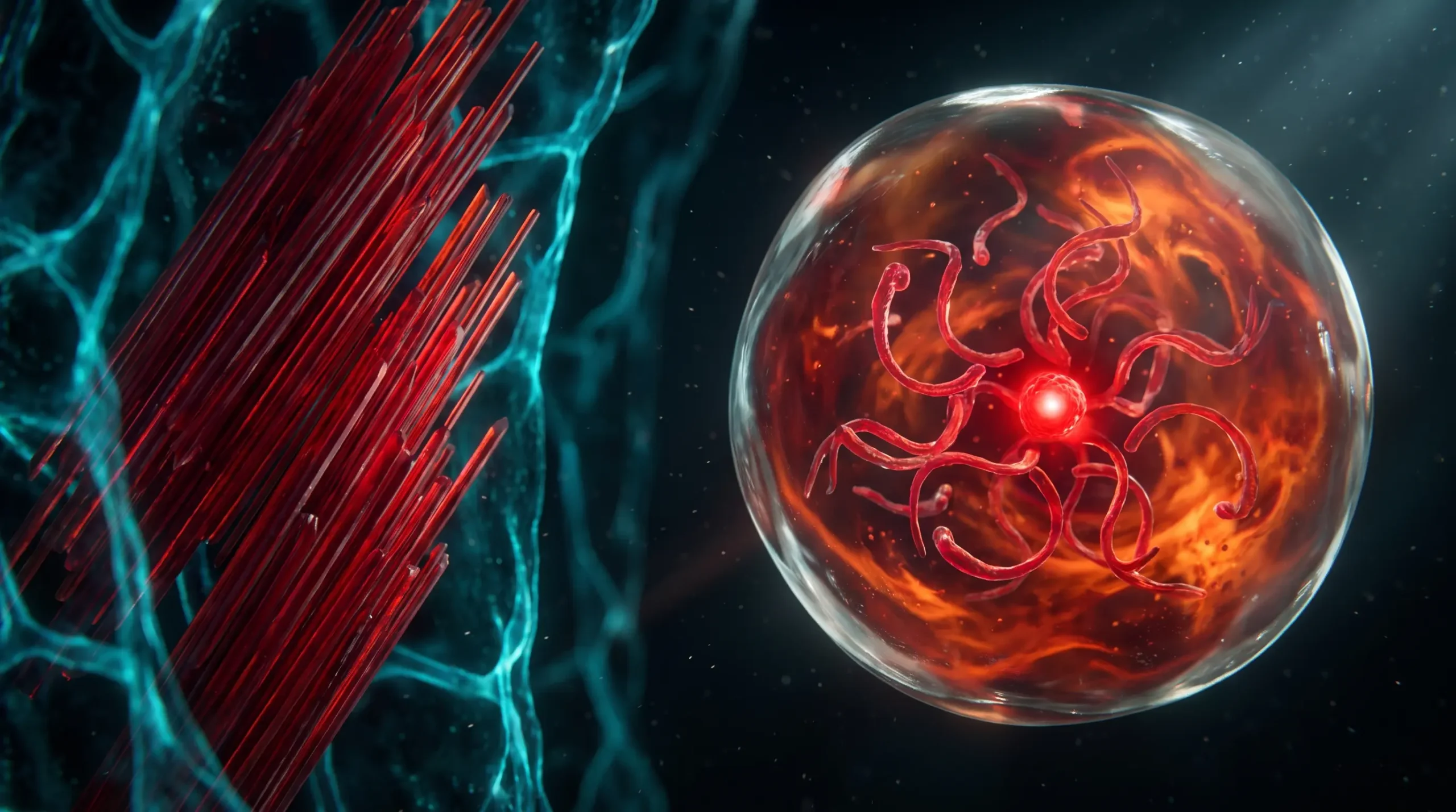 Ilustración científica del licopeno en el cromoplasto del tomate, con los microcristales disolviéndose en isómeros cis por efecto del calor.