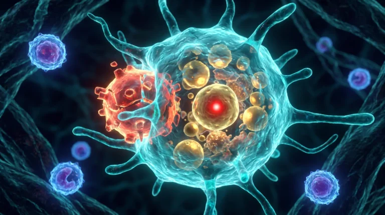 Ilustración molecular de los macrófagos, con uno de ellos extendiendo pseudópodos para fagocitar una célula senescente mientras acumula gotas de colesterol.