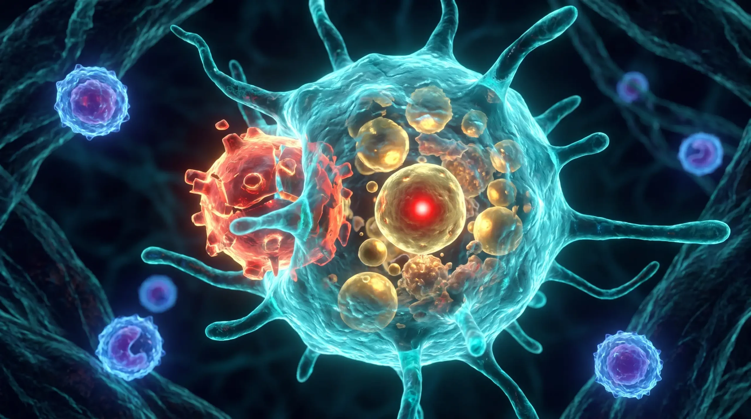 Ilustración molecular de los macrófagos, con uno de ellos extendiendo pseudópodos para fagocitar una célula senescente mientras acumula gotas de colesterol.