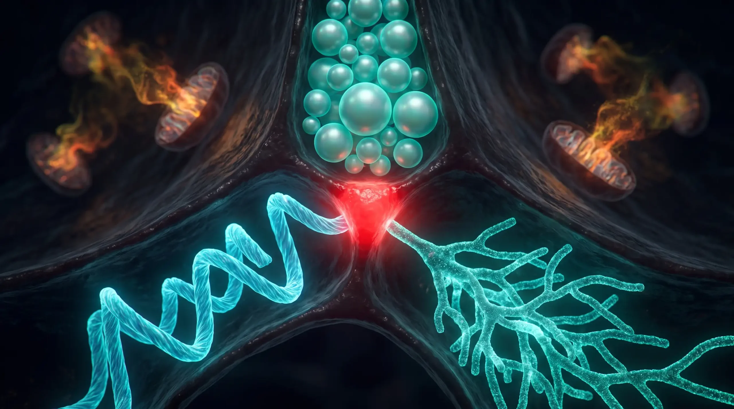 Ilustración molecular de los macronutrientes, con una cadena proteica, gotas lipídicas y un gránulo de glucógeno convergiendo hacia la maquinaria energética de la célula.