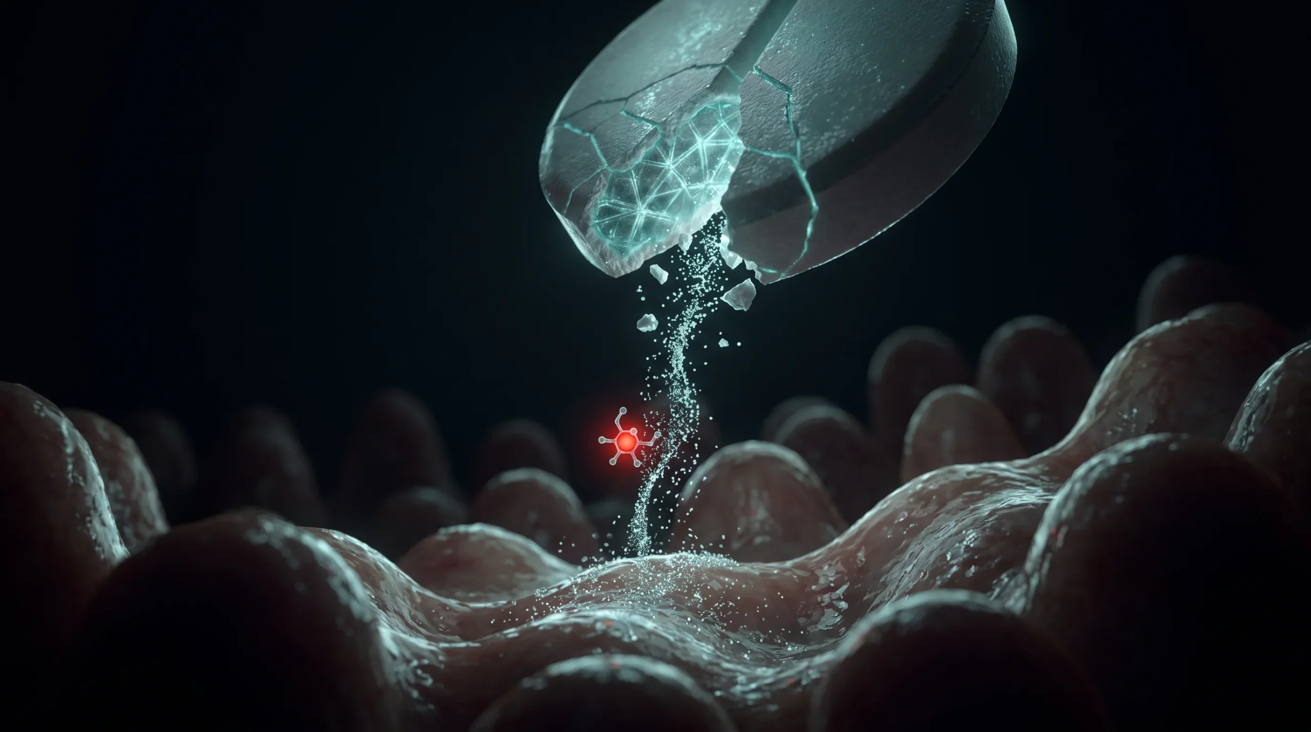 Ilustración molecular de los medicamentos con lactosa: un comprimido que se disuelve en el intestino delgado libera una cantidad mínima de lactosa excipiente.