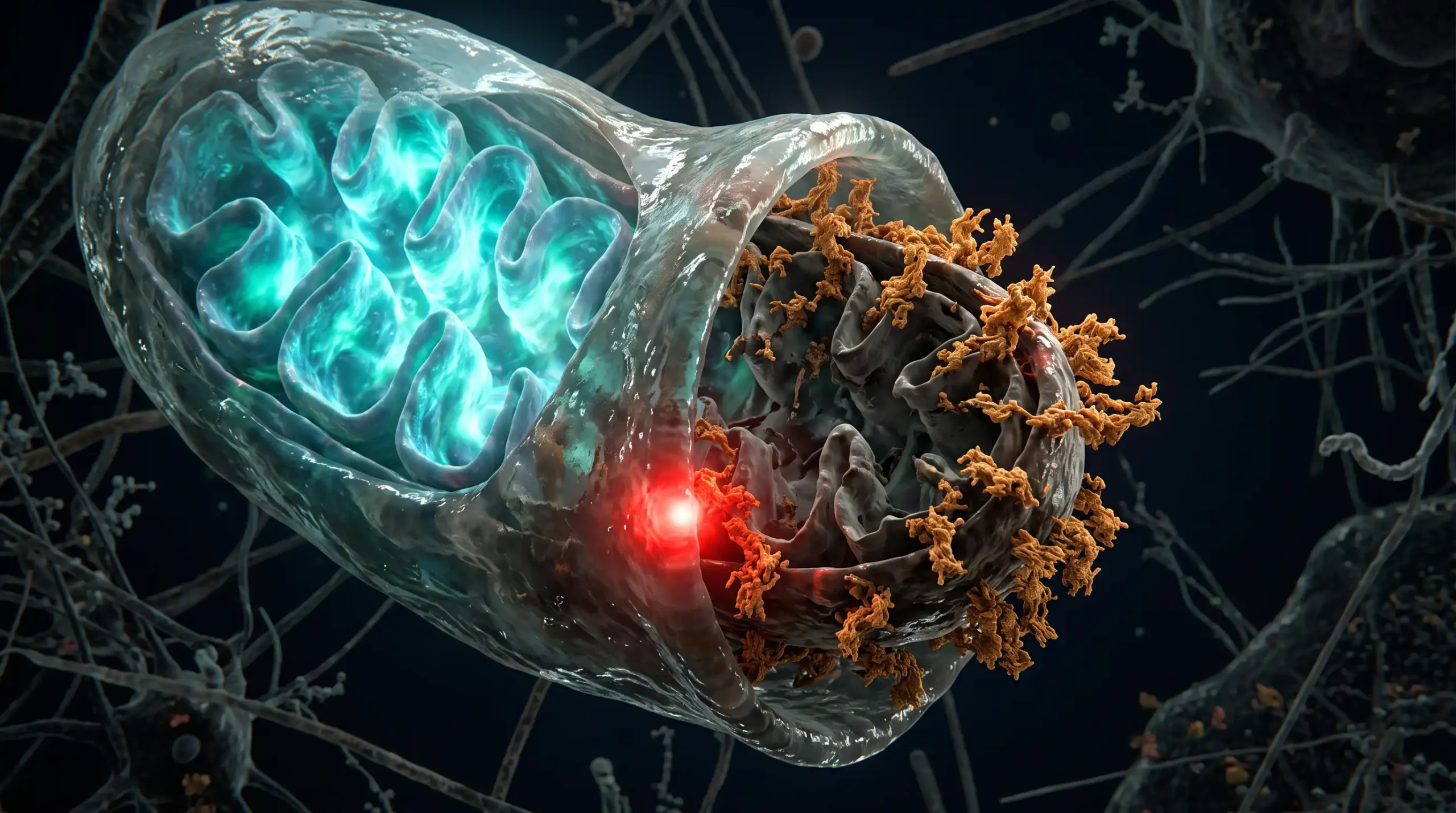 Ilustracion molecular de la mitofagia, con una mitocondria danada marcada con ubiquitina y envuelta por la membrana de aislamiento.