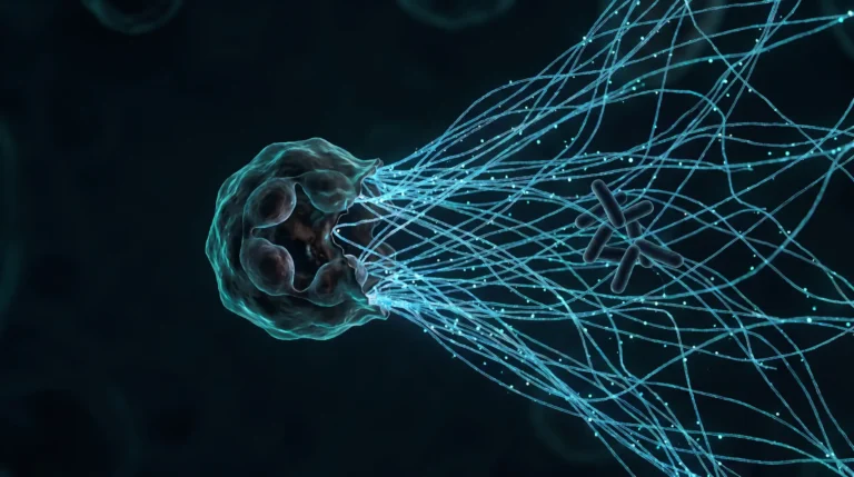 Ilustración de un neutrófilo que lanza una trampa extracelular de cromatina sobre unas bacterias, una de las formas en que los neutrófilos defienden el tejido.