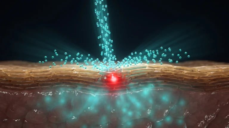 Ilustración molecular de la oxigenoterapia facial, con el chorro de oxígeno dispersándose sobre el estrato córneo mientras la epidermis ya está saturada por difusión atmosférica.