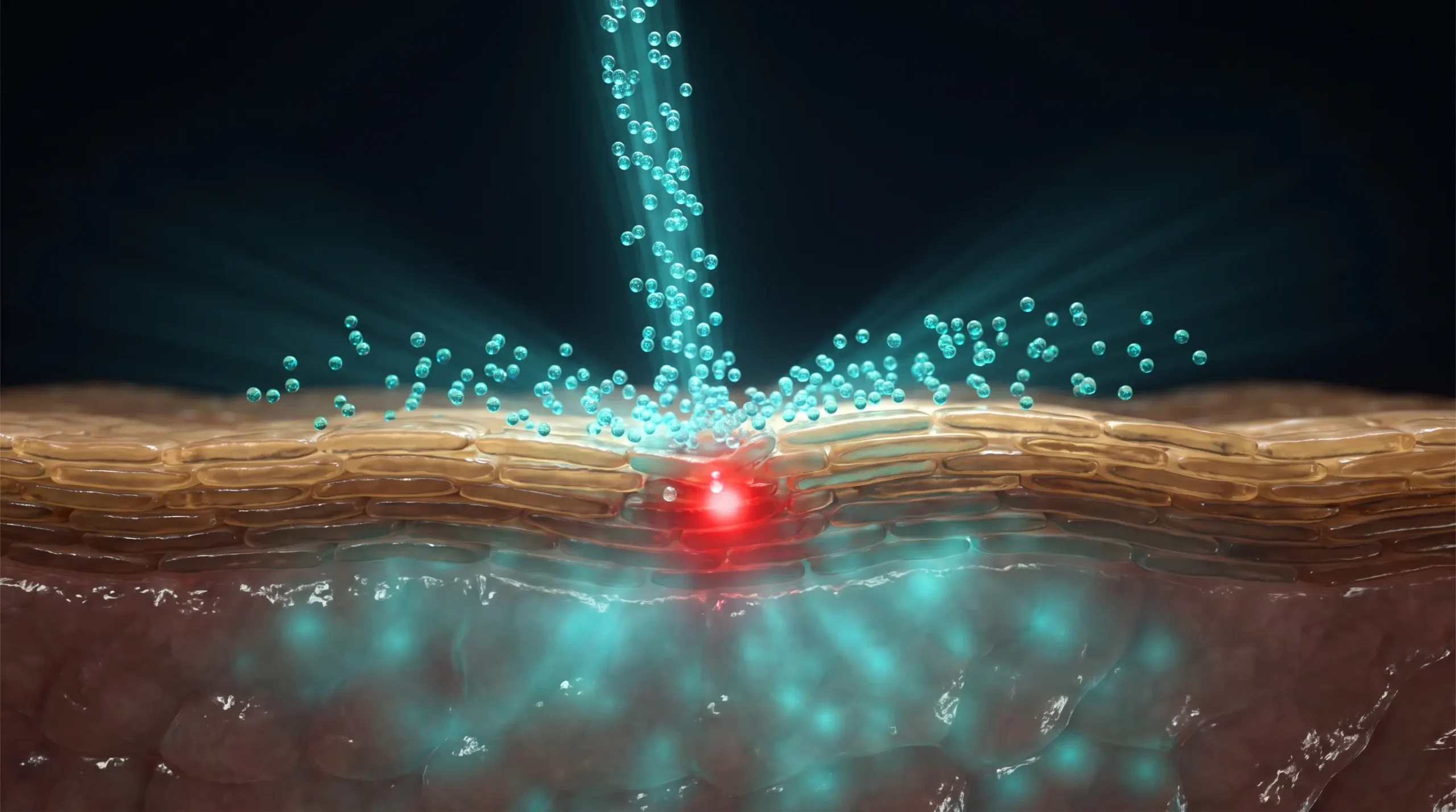 Ilustración molecular de la oxigenoterapia facial, con el chorro de oxígeno dispersándose sobre el estrato córneo mientras la epidermis ya está saturada por difusión atmosférica.