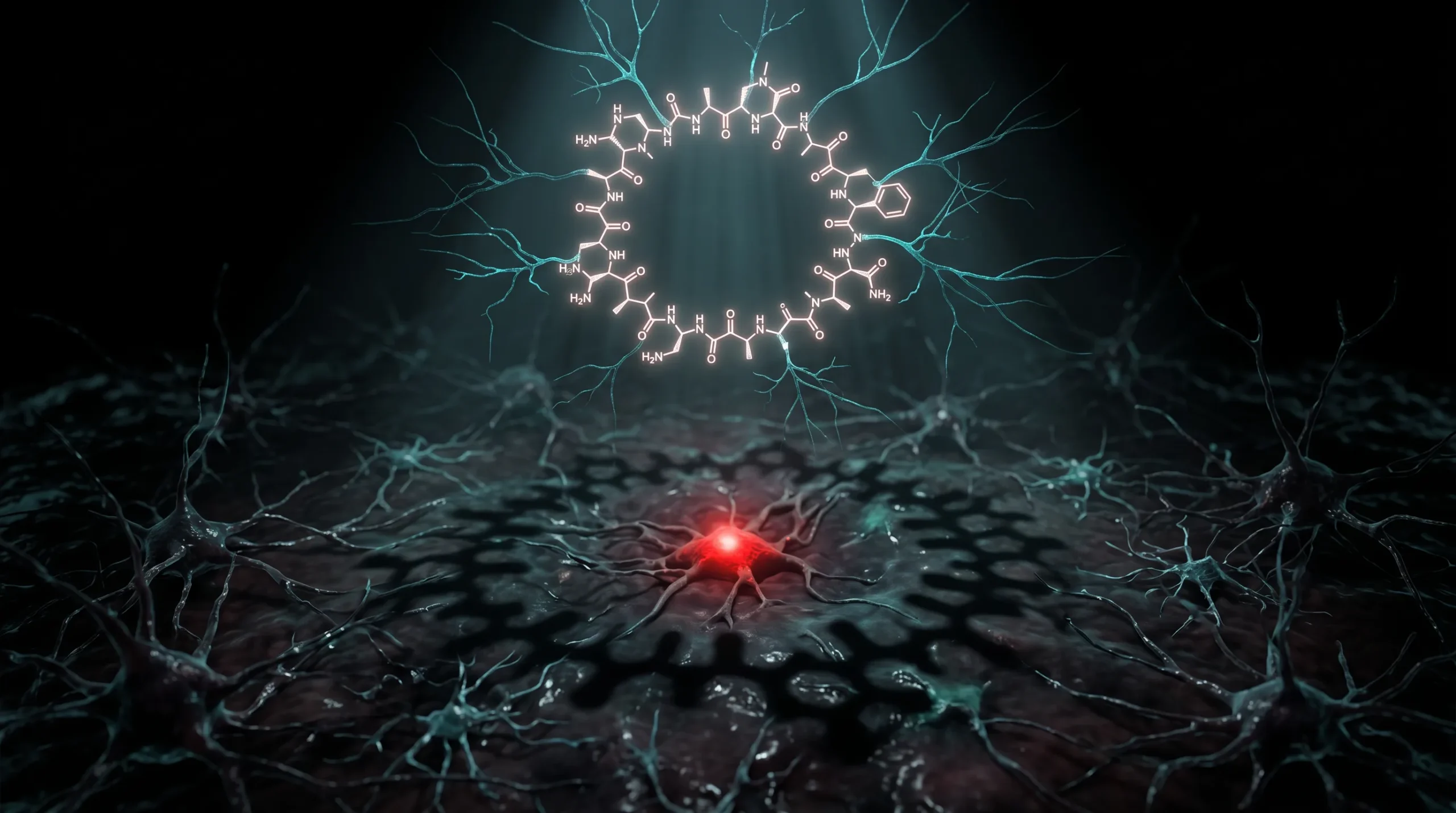 Ilustración molecular de la oxitocina para adelgazar, con el péptido proyectando una sombra desproporcionada sobre el tejido hipotalámico que regula el apetito.