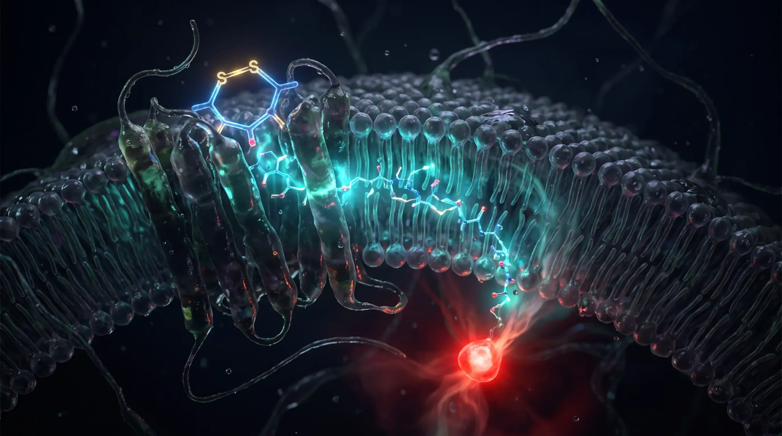 Ilustración molecular de la oxitocina, un nonapéptido cíclico, acoplándose a su receptor de membrana y disparando la señal en el interior de la célula.