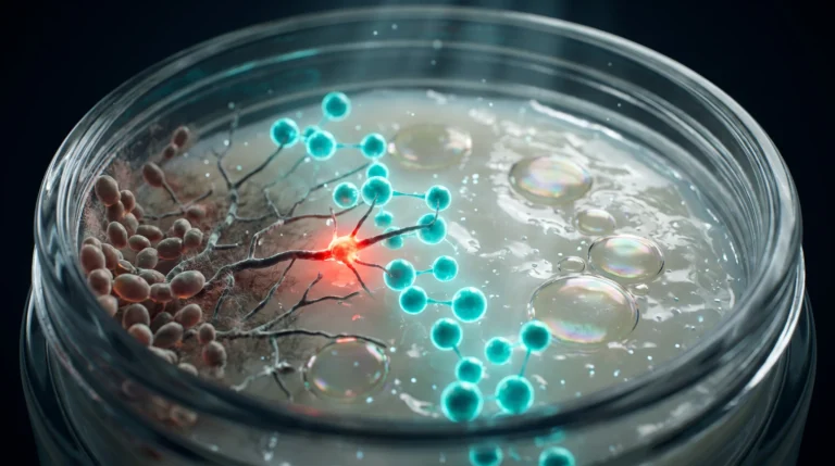 Ilustración microscópica de los parabenos actuando como conservante en una crema, frenando el avance de mohos y levaduras entre las gotas de la emulsión.