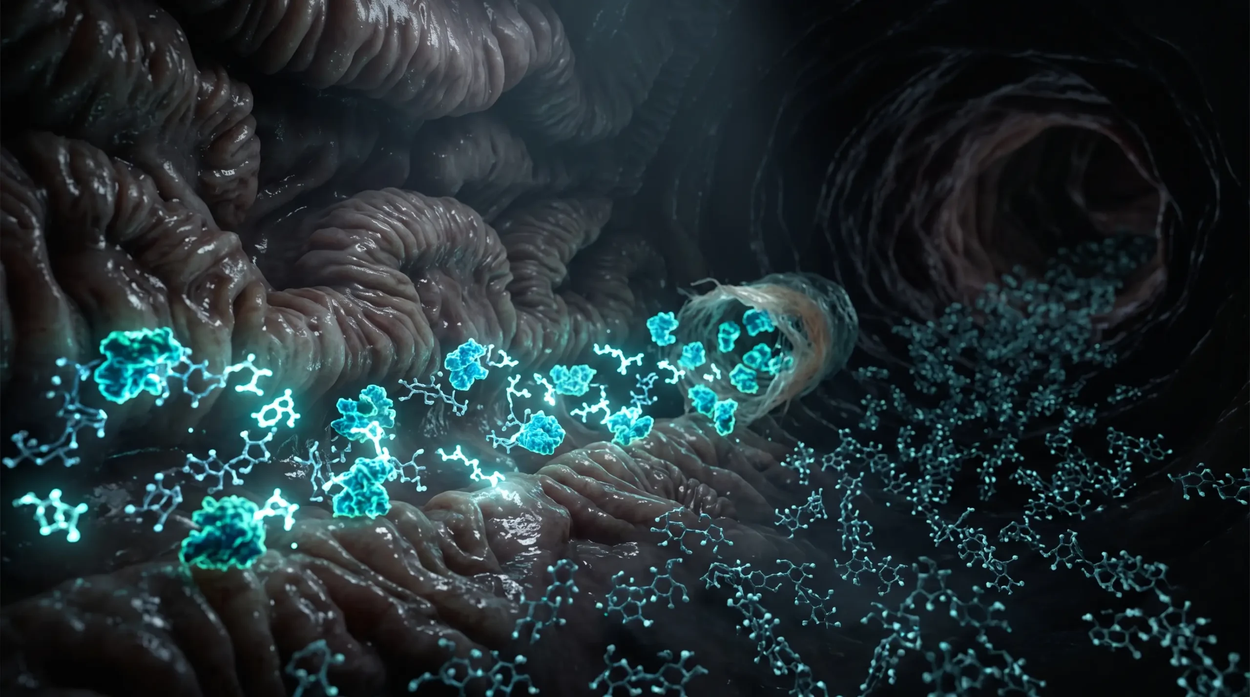 Ilustración molecular de la lactasa de una pastilla partiendo la lactosa en el intestino delgado, desbordada por una carga grande de azúcar de la leche.