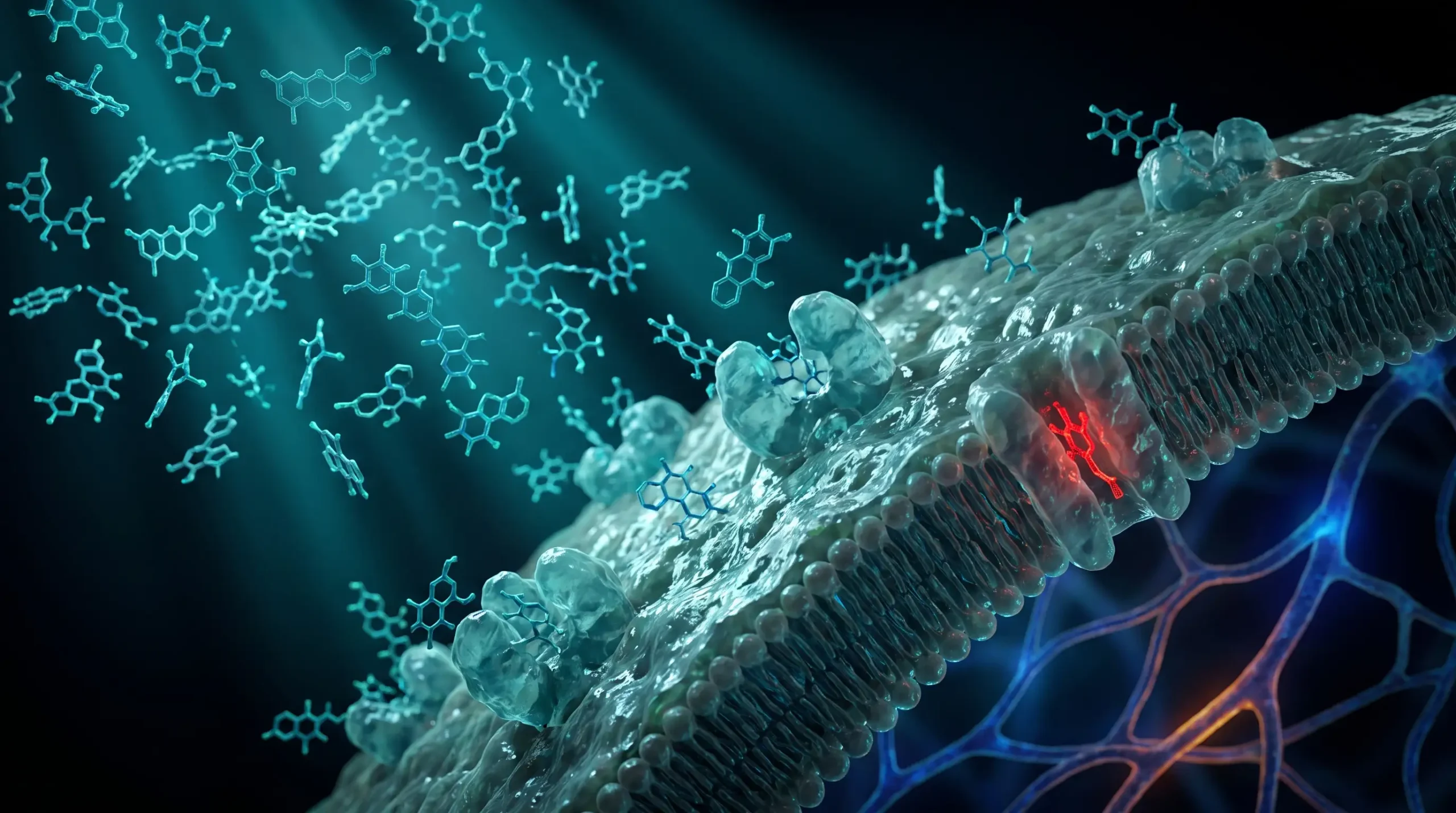Ilustración molecular de una nube de polifenoles vegetales chocando contra el epitelio intestinal, donde la mayoría queda retenida y solo unos pocos pasan al capilar.